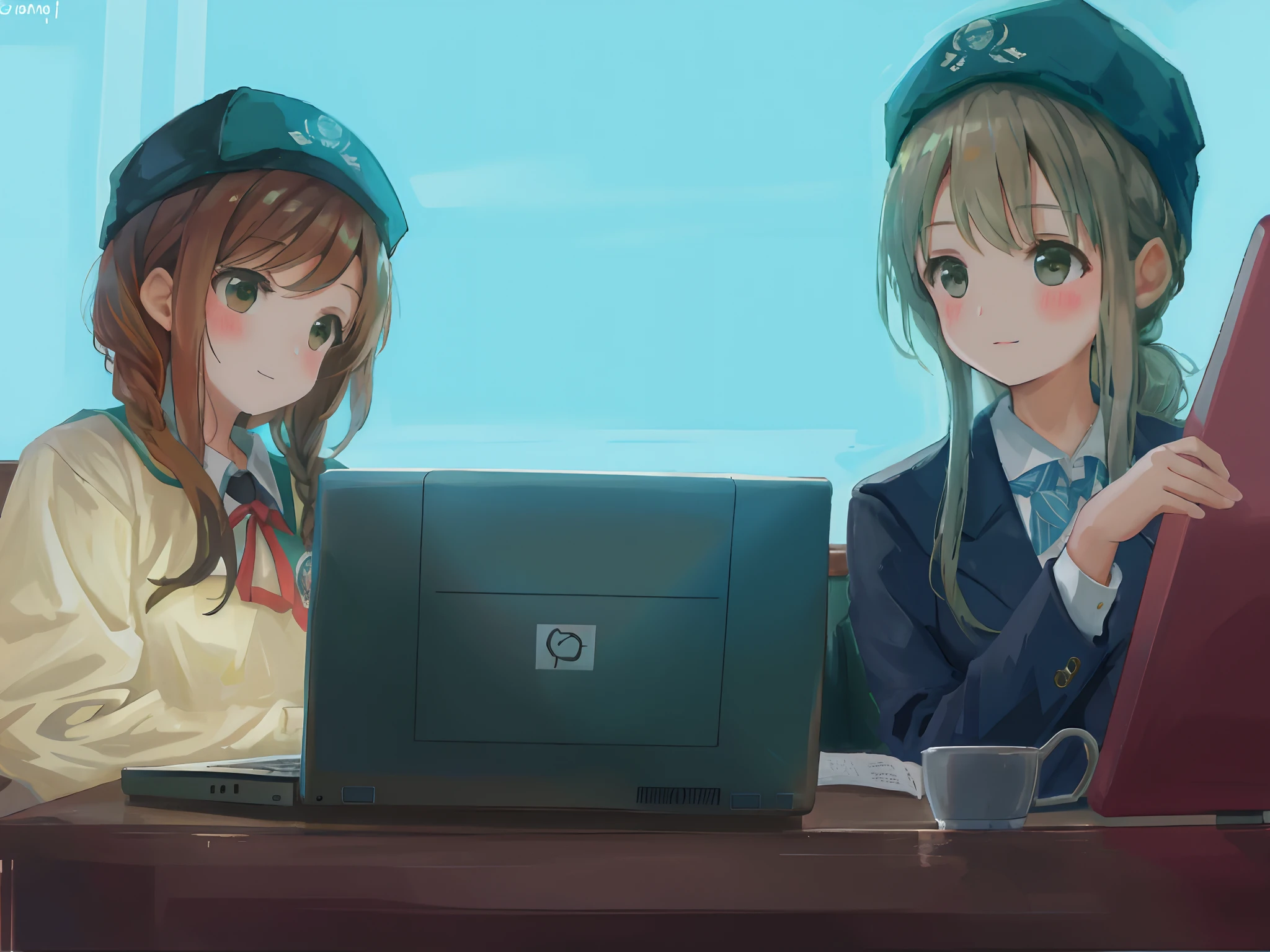 Two teenage girls,They looked at laptop screens together in courtroom,is shy,Hands to hearts