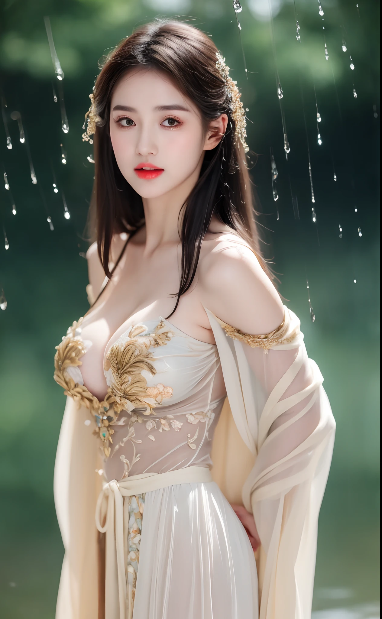 ((Best Quality, 8k, Masterpiece: 1.3)), Focus: 1.2, Perfect Body Beauty: 1.4, Buttocks: 1.2, ((Layered Haircut)), (Wet Clothes: 1.1), (Rain, Street:1.3), (Breasts: 1.2), (Hanfu: 1.2), Bare Shoulders, Bare Legs, Highly Detailed Face and Skin Texture, Fine Eyes, Double Eyelids, Whitened Skin, Long Hair, (Shut Up: 1.5), (Bokeh Background: 1.5), Big Breasts