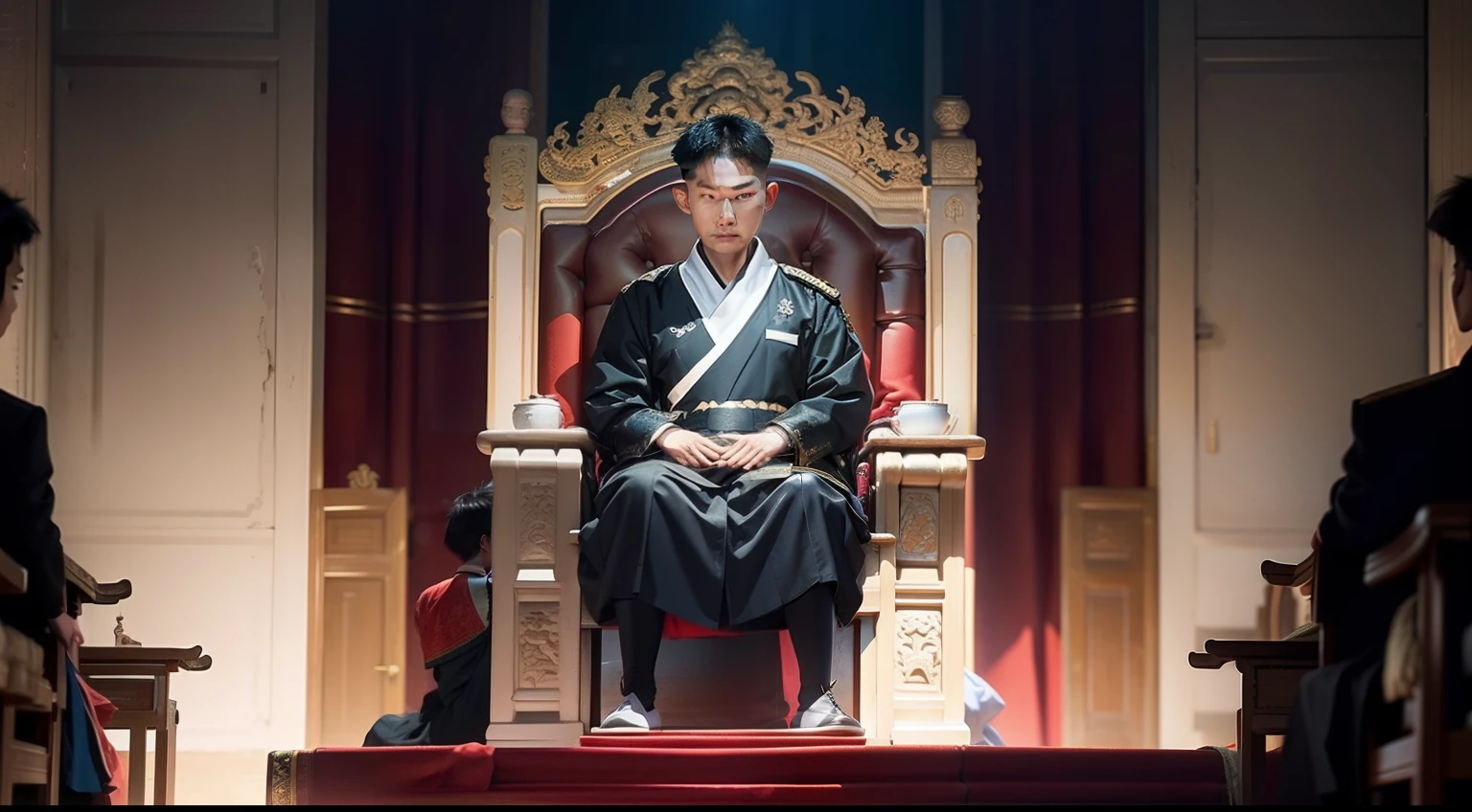 At the end of Wang Mang's rule: The scene depicts internal struggles within the court, social turbulence, and a volatile national situation. Wang Mang sits on the throne, his expression grave.
