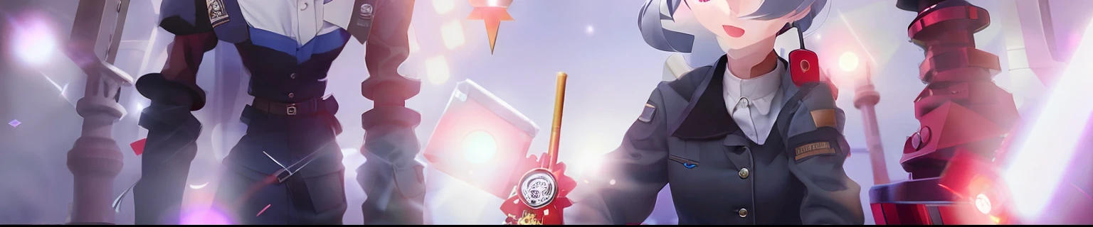 Best image quality，A high resolution+Cute 1girl，Black collar，Show charm，Kpop idol style，With AEGYO Sal eye bag function，Romantic gray hair，The eyes are slightly puffy，Charming smile，facing to audience，red pupils，German military uniform