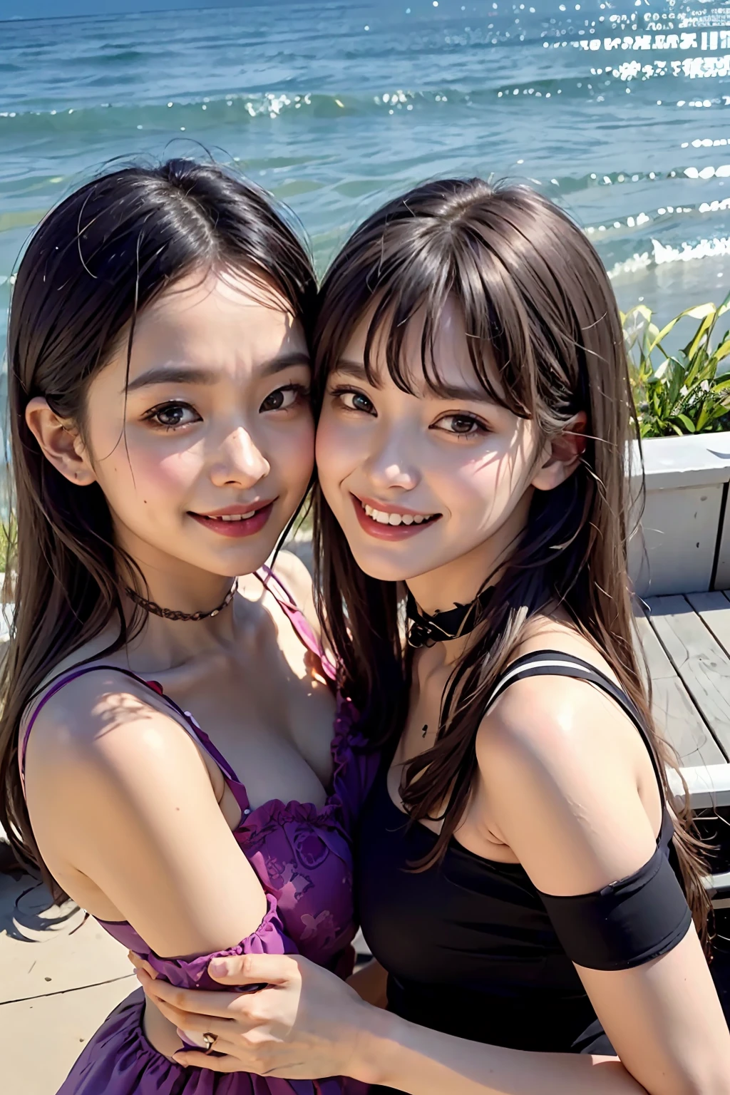 (8K、RAW photography、top-quality、masterpiece:1.2,two girls,kissing,hugging,stroking)、ultra - detailed、Hyper-Resolution、(hyper realisitc:1.4)、(Use the kiss you throw as a camera)from the above、camera shot from above、Shoot the camera angle from above、I look at this with upward eyes、Arms outstretched、Arms spread wide、Use high-quality images taken from above with your camera、(5 digits in Girl on the Beach 1:1.3)、、Offshore girls(dreamlike lighting)Head to waist、、white skinned、Fair-skinned female proofreading、super high image quality、、Beautiful female proofreading reflecting in light、astonishing detail、Beautiful girls in very detailed、(Faces with different patterns1:1.2)、(Different facial emotions 1:1.3)、Each hairstyle has its own characteristics、colours々Hairstyles、colours々The hair color shines with a clean sheen、I love fishing on the boat、Brown hair shining in the light、One has a ponytail、、Modern cute girl、very detailed faces very detailed eyes、Very realistic skin、 Extremely detailed fingers, Highly detailed nose, highly detail mouth, perfect anatomia, (Off-the-shoulder ta costume 1:1.2)、、Their hair details sparkle、Hot teeth and smiles、Realistic body, white skinned, glistning skin, Slim body, Long straight hair, (Blunt bangs:1.2), , nixeu and sakimichan, twice, seifuku, sakimichan, promotional still, lalisa manobal, alena aenami and lilia alvarado