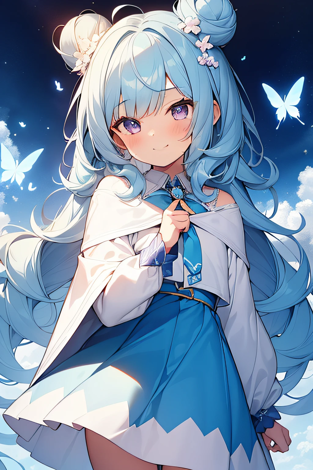 1girl, young girl, a child, elementary school student, solo, blush, (light blue hair), ((curly hair)), (very long hair), double bun hair, purple eyes, white short cape, Blue ribbon, blue brooch, blue jewelry, purple skirt, with many butterflies, blue sky, clear sky, smiling, ((detail face)), 8k, super detail, masterpiece, high quality, high resolution, high detail, high face detail, HD quality