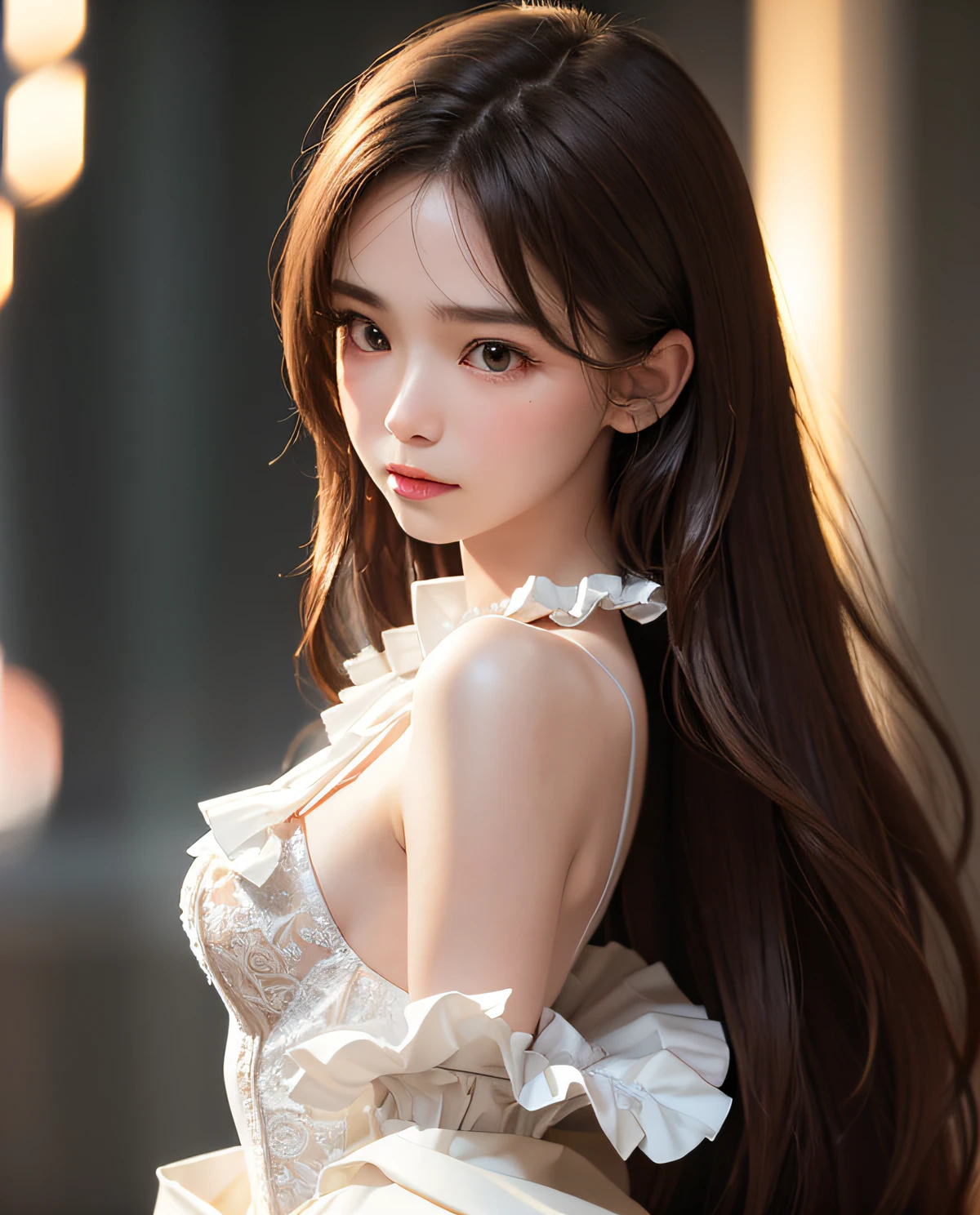 Generate an image of a young girl, taken with a Nikon D850 camera and a Nikon AF-S NIKKOR 70-200mm f/2.8E FL ED VR lens. The lighting setup should aim for high key lighting, creating a soft and ethereal atmosphere. Emphasize a shallow depth of field to enhance the subject's prominence. The aspect ratio of the image should be 2:3, typical of a photograph from the 1930s
