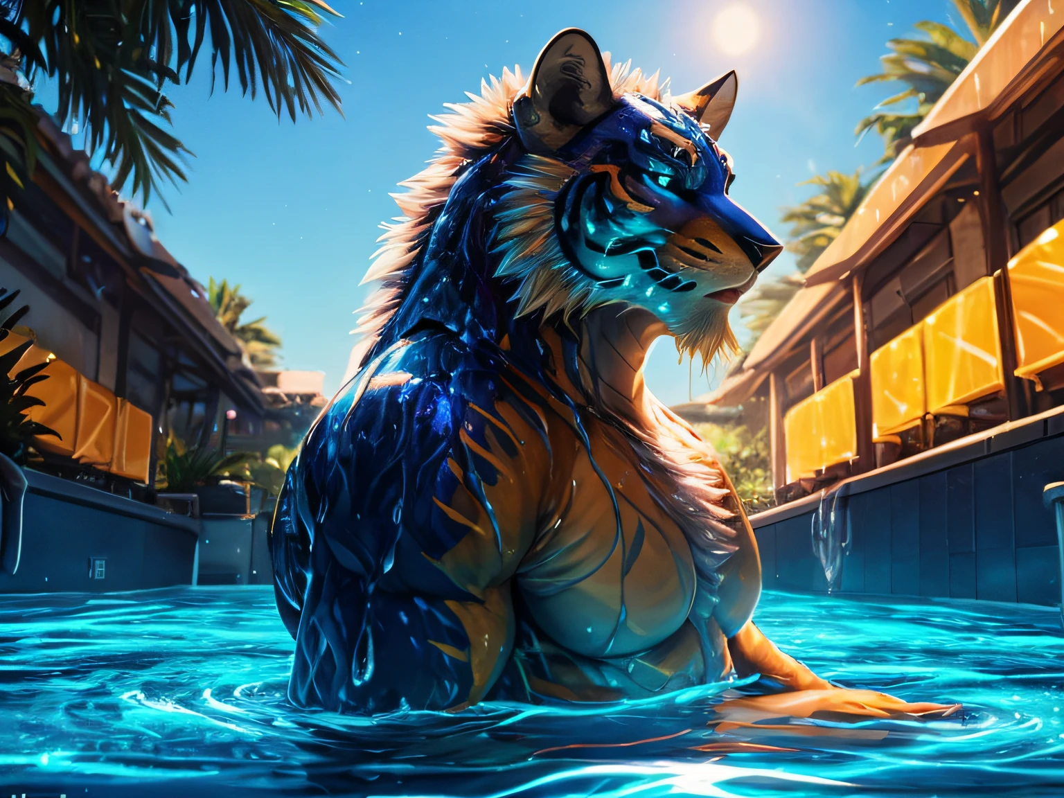 tigre， nakeness ， Medium Shot Shot， full bodyesbian，Display header，over distances， （pool））， neonlight， neonlight）） （（Squat）） ， （（Water droplets on the body）） ， （NSFW） （（knot）1.4）4K 分辨率 ， Photoreality