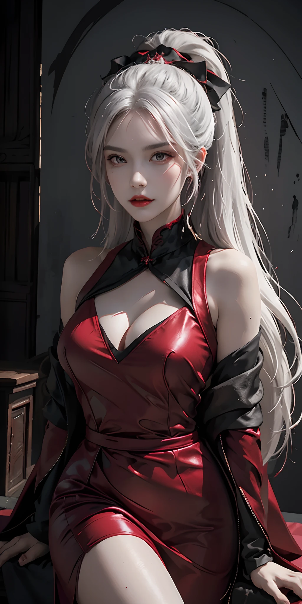 (1 beautiful devil woman from hell, In the Dark: 1.6), hips up, surreal female portrait by David Hockney and Alphonse Mucha, fantasy art, korea doll, photorealism, dynamic lighting, artstation, poster, volumetric lighting, very detailed faces, 8k ultra, Awarded, in the dark, deep shadow, low key, cowboy lens, (Red phoenix dress: 1.4), long hair, white hair, bust, luxurious palace, Royal style, devil crown, red eyes make up very sharp and detailed, The most beautiful face, The breasts are very big and round and round, Super realistic, chinese women's clothing, polo neck sweater, Charming smile, The eyes are very well made up, guweiz, devil style, wearing black mesh socks, Ponytail with a bow tied at the back of the hair, Red black lips, Devil tattoo on shoulder, wearing a thin red and black robe, the landscape is overcast and thunderous, (Portrait), Close-up of the main character, (Background details 1.8),