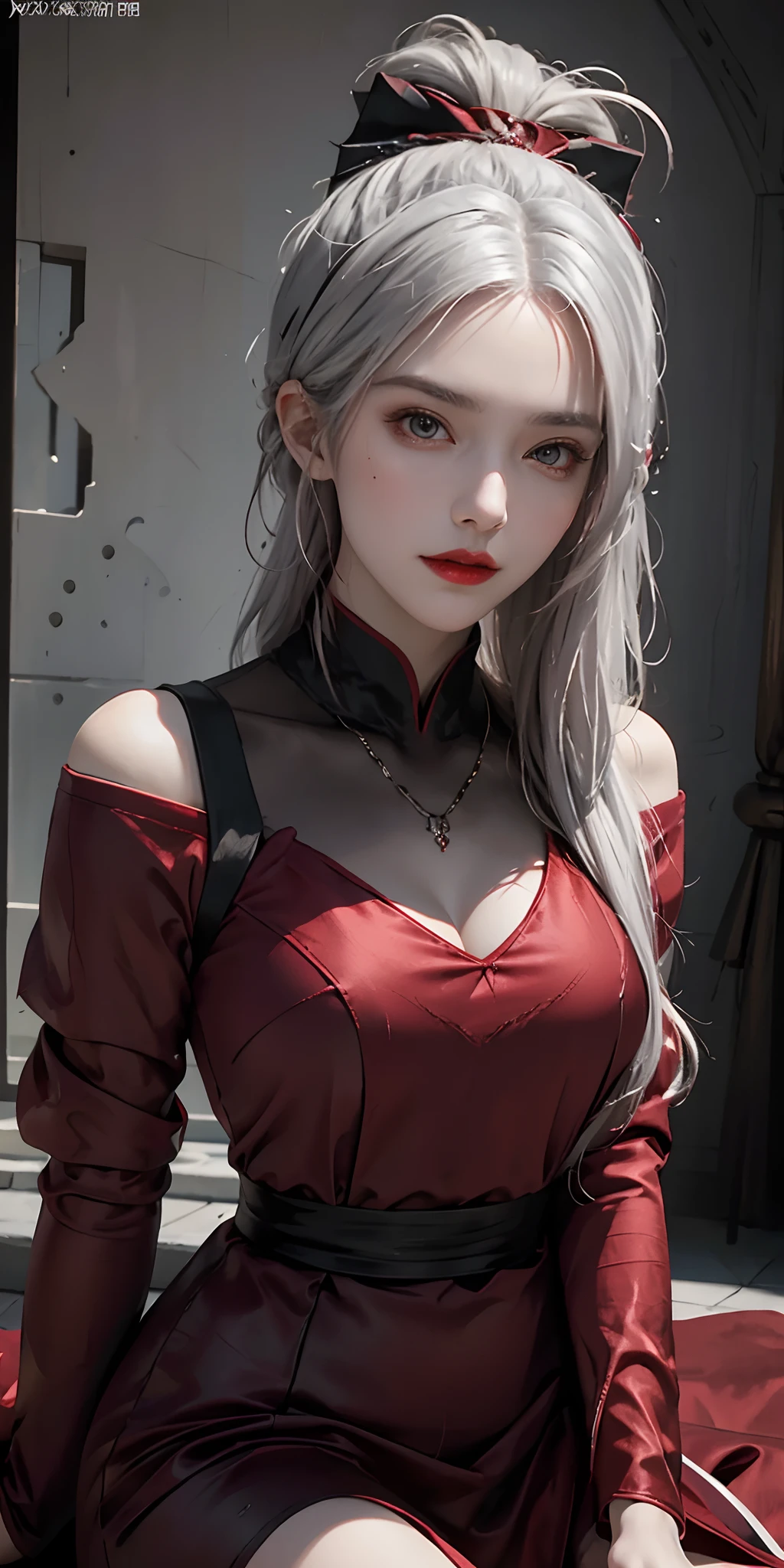 (1 beautiful devil woman from hell, In the Dark: 1.6), hips up, surreal female portrait by David Hockney and Alphonse Mucha, fantasy art, korea doll, photorealism, dynamic lighting, artstation, poster, volumetric lighting, very detailed faces, 8k ultra, Awarded, in the dark, deep shadow, low key, cowboy lens, (Red phoenix dress: 1.4), long hair, white hair, bust, luxurious palace, Royal style, devil crown, red eyes make up very sharp and detailed, The most beautiful face, The breasts are very big and round and round, Super realistic, chinese women's clothing, polo neck sweater, Charming smile, The eyes are very well made up, guweiz, devil style, wearing black mesh socks, Ponytail with a bow tied at the back of the hair, Red black lips, Devil tattoo on shoulder, wearing a thin red and black robe, the landscape is overcast and thunderous, (Portrait), Close-up of the main character, (Background details 1.8),