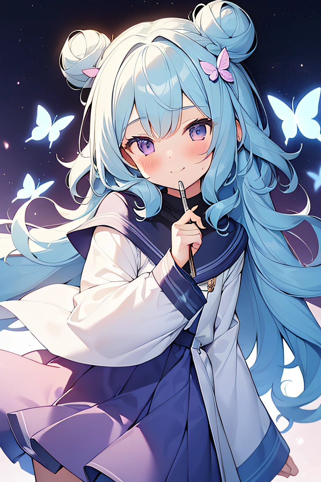 1girl, young girl, a child, elementary school student, solo, blush, (light blue hair), ((curly hair)), very long hair, double bun hair, purple eyes, white short cape, purple skirt, with many butterflies, holding a magic wand, blue sky, clear sky, smiling, ((detail face)), 8k, super detail, masterpiece, high quality, high resolution, high detail, high face detail, HD quality