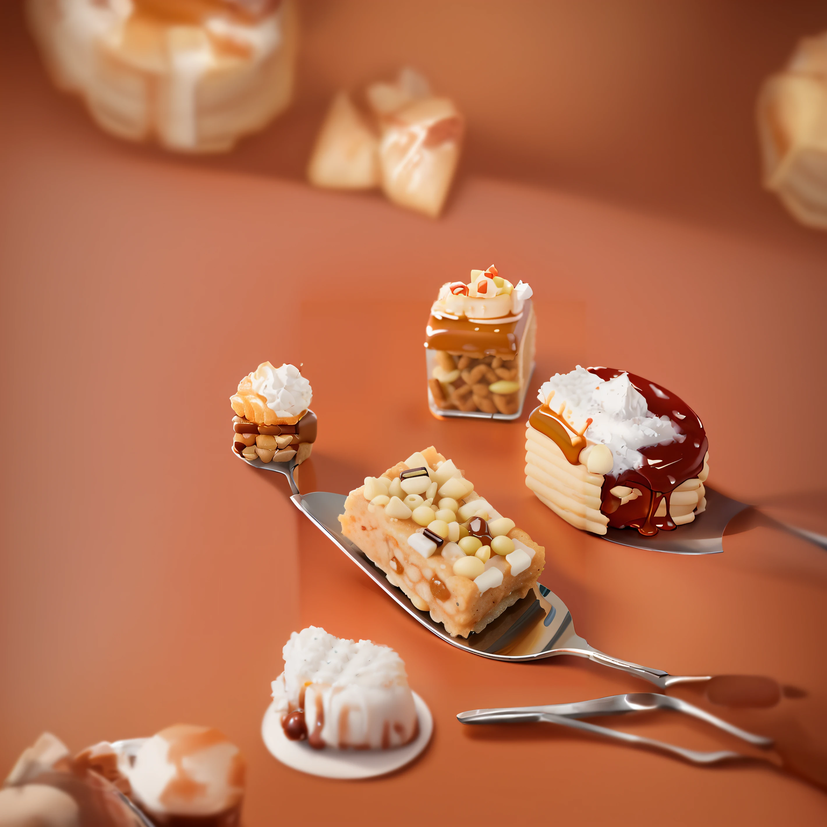 There are several desserts on the fork on the table, caramel, 4k polymer clay food photography, close up food photography, photoreal octane rendering, Deconstructing waffles, super realistic food picture, Slightly blurred, Inspired by Jolis van der Hagen, designed in blender, miniature product photo, v-ray, v - ray, crisp detailed 3 d render