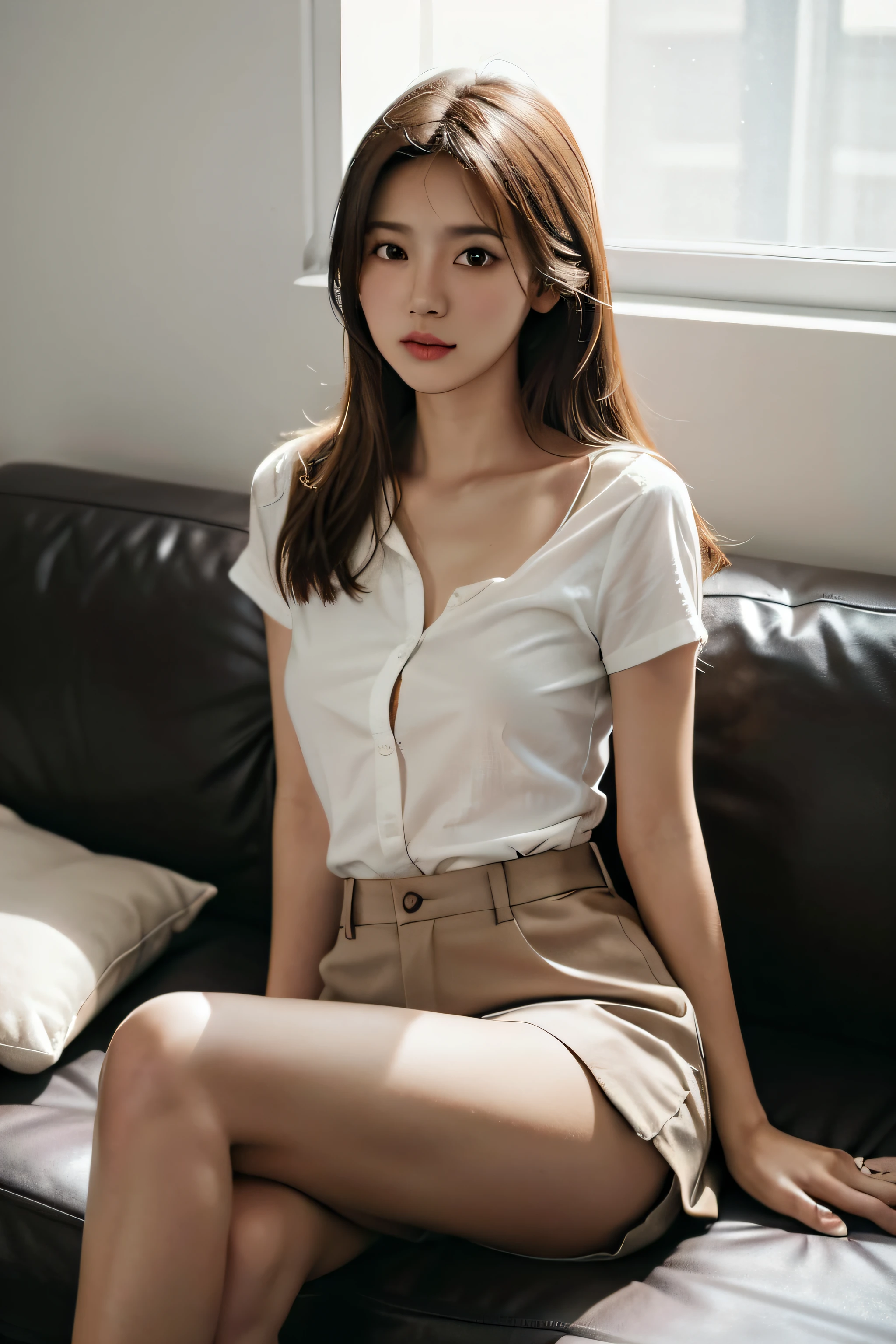 1girll,Sit on a comfortable sofa,Cross ed leg,Soft light，Raised sexy，long leges，nedium breasts，white  shirt