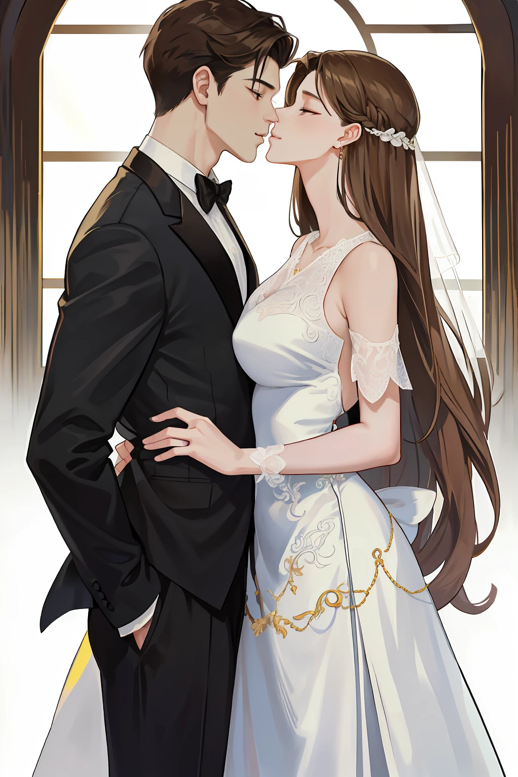 tmasterpiece,best qualtiy,realisticlying,1 adult female,1 Adult male、Beautuful Women、big breasts beautiful,Stunning、largeeyes、耳Nipple Ring,with long coiled hair,light-brown long hair,wedding gown,White skin、Delicate and detailed face、Handsome、musculous、In black suit、Kiss、A half body,eye closeds、kiss、Close your eyes and smile