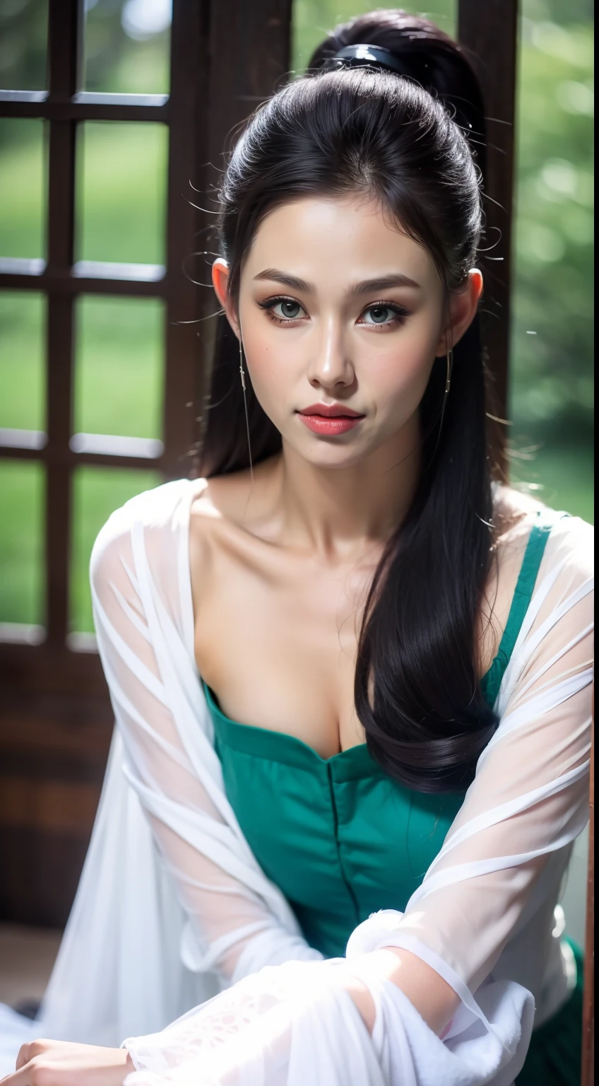 Fashion model 20 years old [[[[closeup cleavage]]]], [[[[boobgasm]]]], [[[[coll]]]], [[[[bshoulders]]]], perfect  eyes, Perfect iris，Perfect lips，perfect teeth，Perfect skin，Long face，slender nose，tall nose bridge，Soft front light，hdr，Movie girl，on cheongsam，long whitr hair，Long hair with a shawl，Long hair like a waterfall，Green trees and flowers in the background，（pastel colour：1.2）