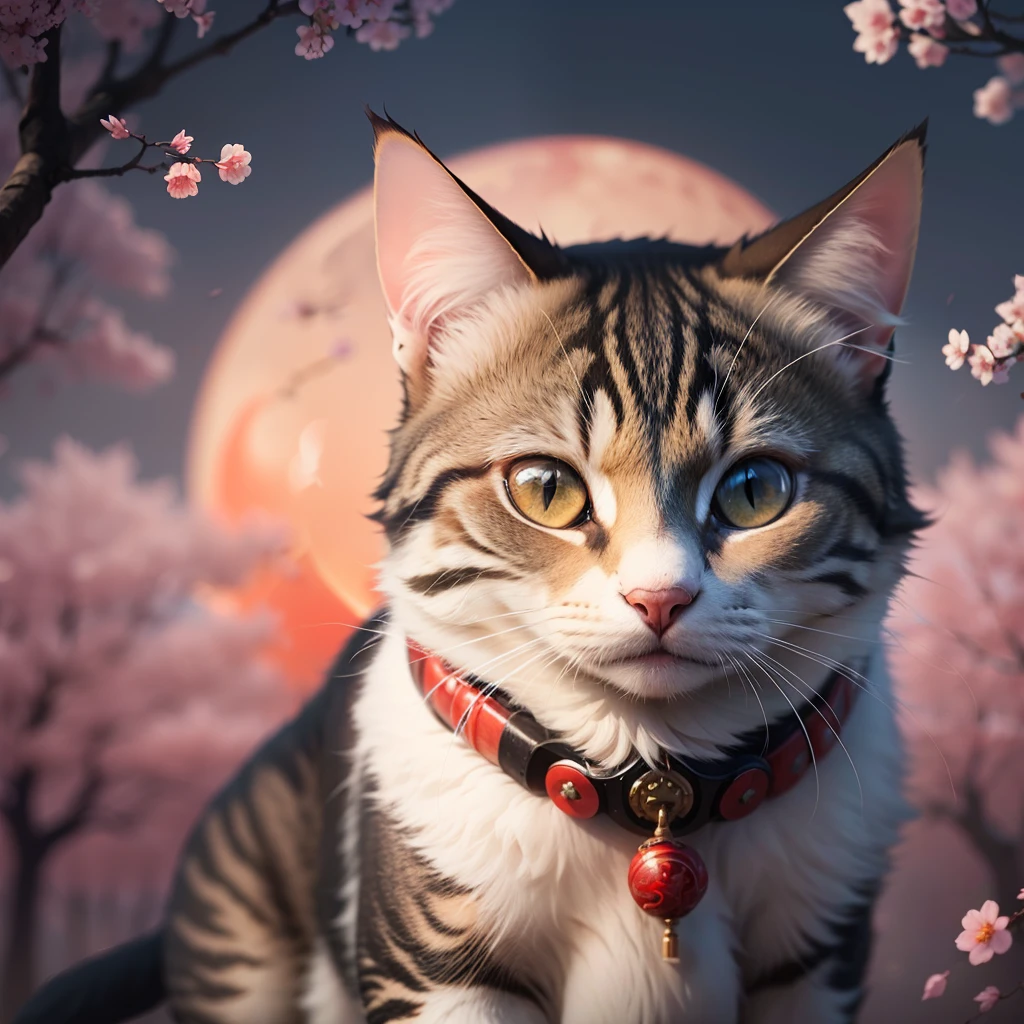 a samurai cat stay in under the red moon on fire, sakura trees background, tattoo design --auto --s2