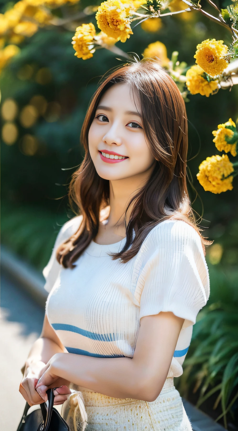 (8k、RAW Photography、top-quality、masterpiece:1.2)、(Realistic and photorealistic photos:1.37)、profetional lighting、photon maping、ラジオシティ、huge tit、a little fat、canola flower、top、long skirt、espadrilles、Highly detailed facial and skin texture、二重まぶた、Whitening Skin、length hair、(Shut up:1.3)、a smile