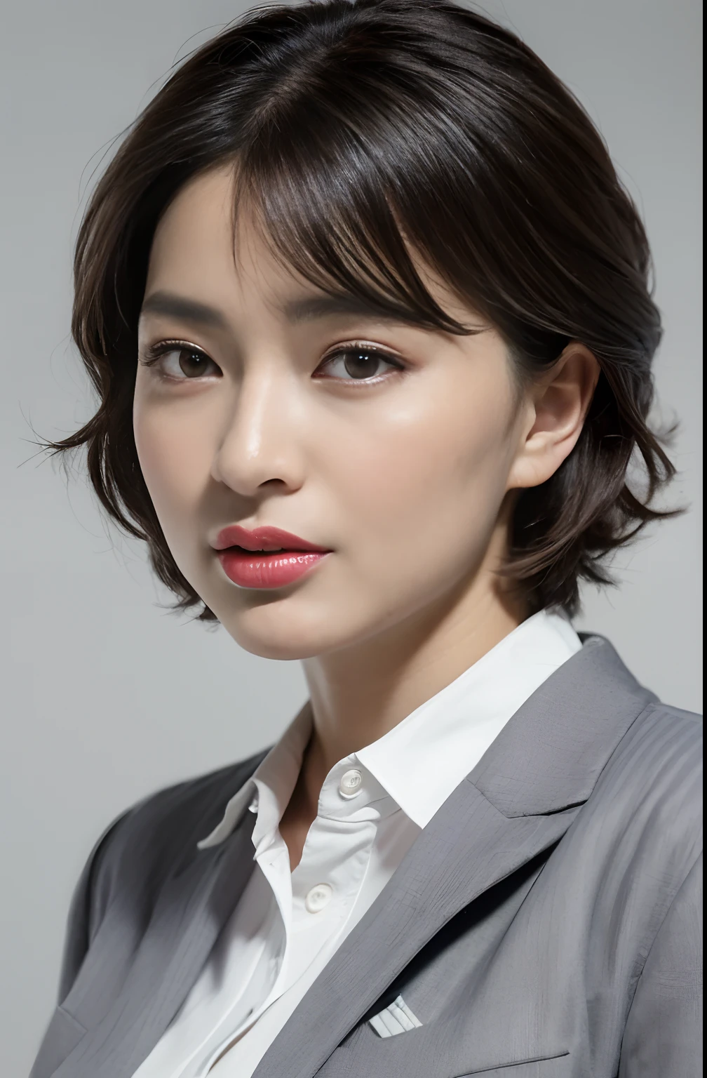 ((Best Quality, 8k, Masterpiece, masterpiece,best quality)), glare, (1 milf), ((from below:1, close up:0.5, Looking at Viewer)), ((short hair, gray blazer, white shirt, eyelash, lip gloss)), (seductive expression:1.5), (chubby:0.2), ((close eyes:0.85)), ((Straight Looking at Viewer)), RAW, nobody office,