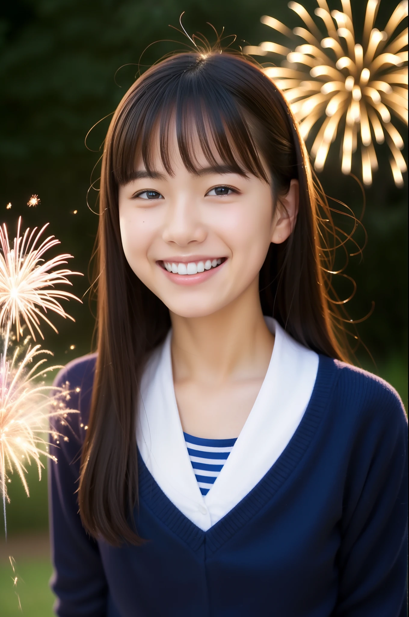 A smile、hi-school girl、While doing fireworks