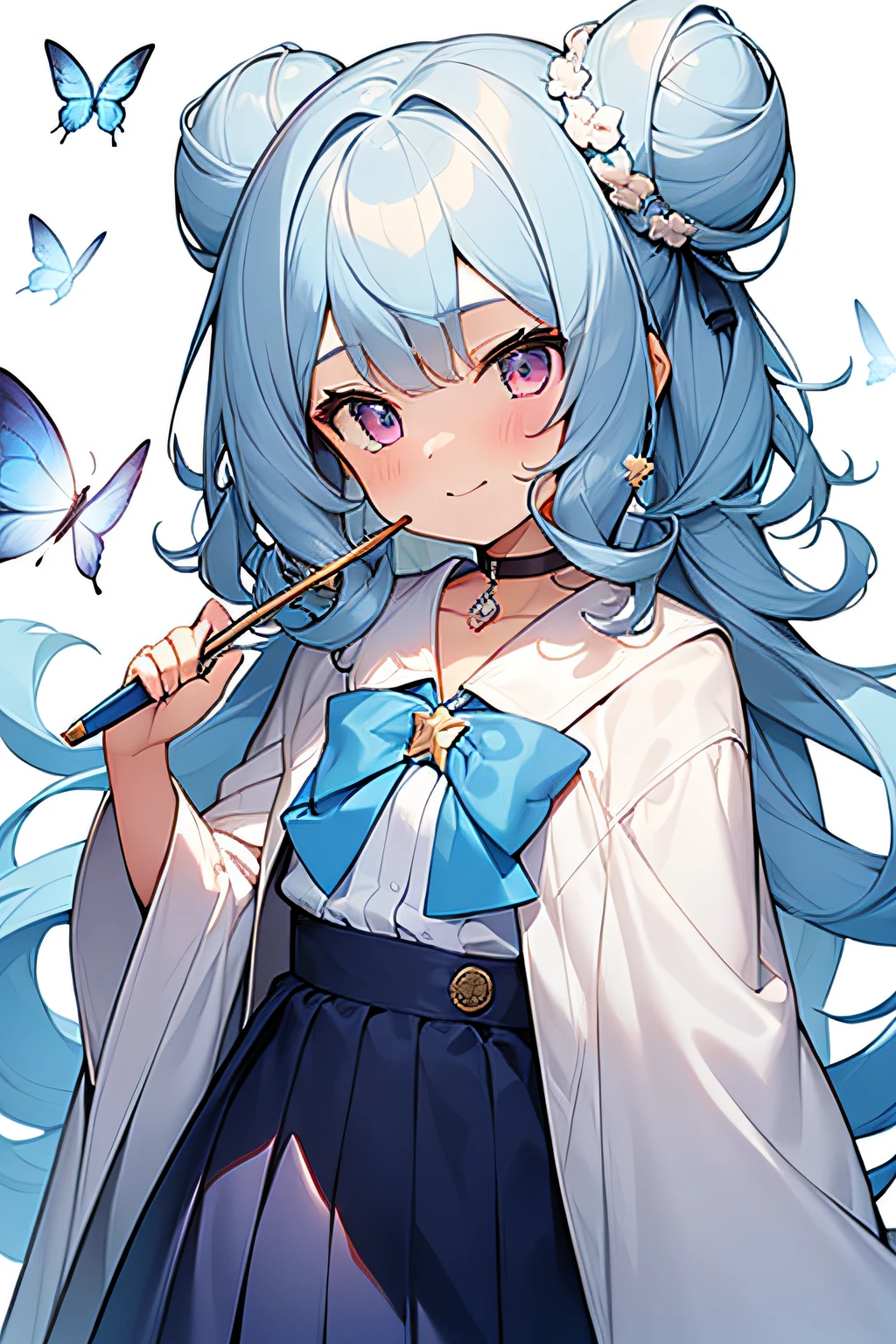 1girl, young girl, a child, elementary school student, solo, blush, (light blue hair), ((curly hair)), (very long hair), double bun hair, purple eyes, white short cape, Blue ribbon, blue brooch, blue jewelry, purple skirt, with many butterflies, holding a magic wand, a star wand, blue sky, clear sky, smiling, ((detail face)), 8k, super detail, masterpiece, high quality, high resolution, high detail, high face detail, HD quality
