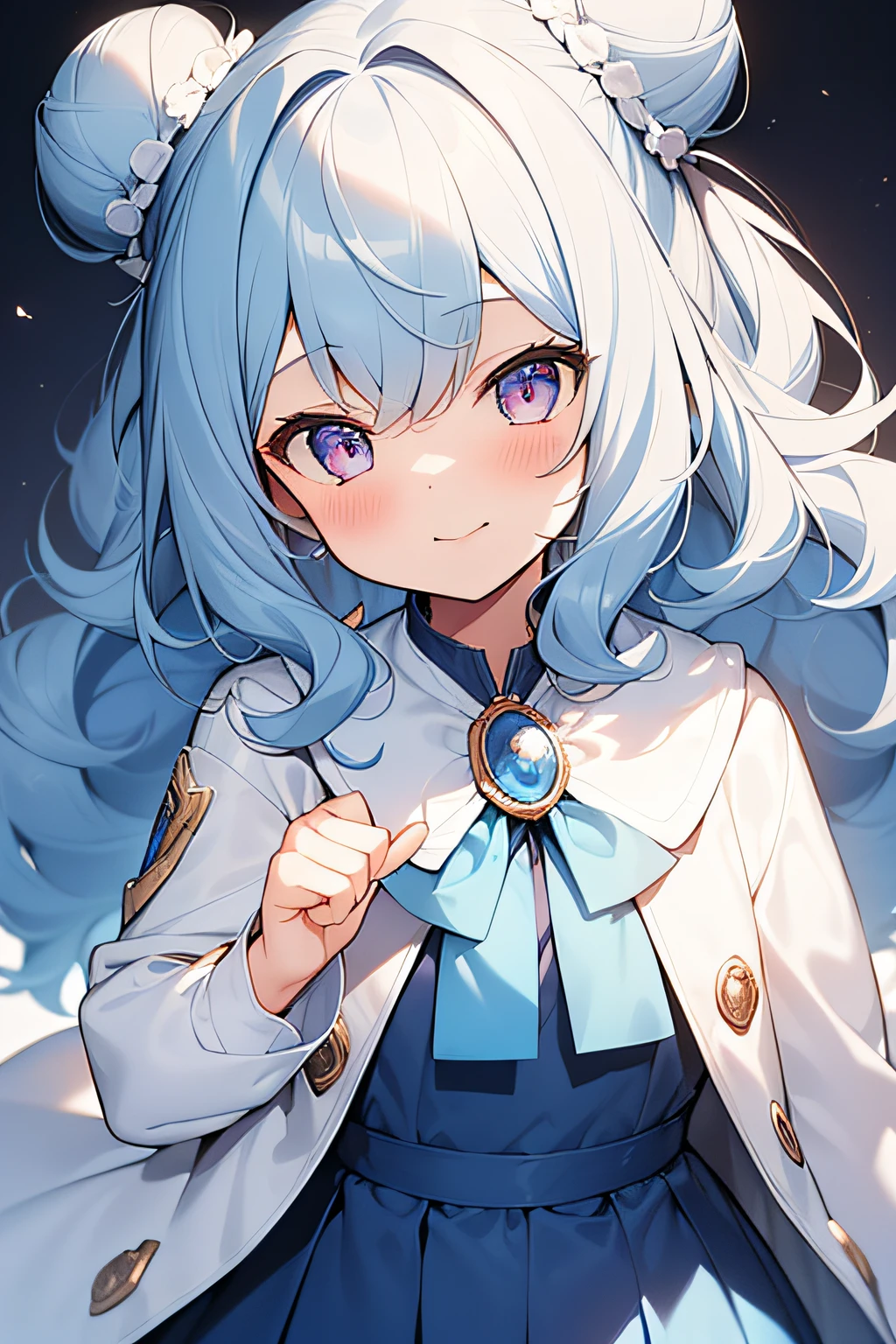 1girl, young girl, , element blush, (light blue hair), ((curly hair)), (very long hair), double bun hair, round bun hair, purple eyes, white short cape, Blue ribbon, blue brooch, blue jewelry, purple skirt, with many butterflies, blue sky, clear sky, smiling, ((detail face)), 8k, super detail, masterpiece, high quality, high resolution, high detail, high face detail, HD quality