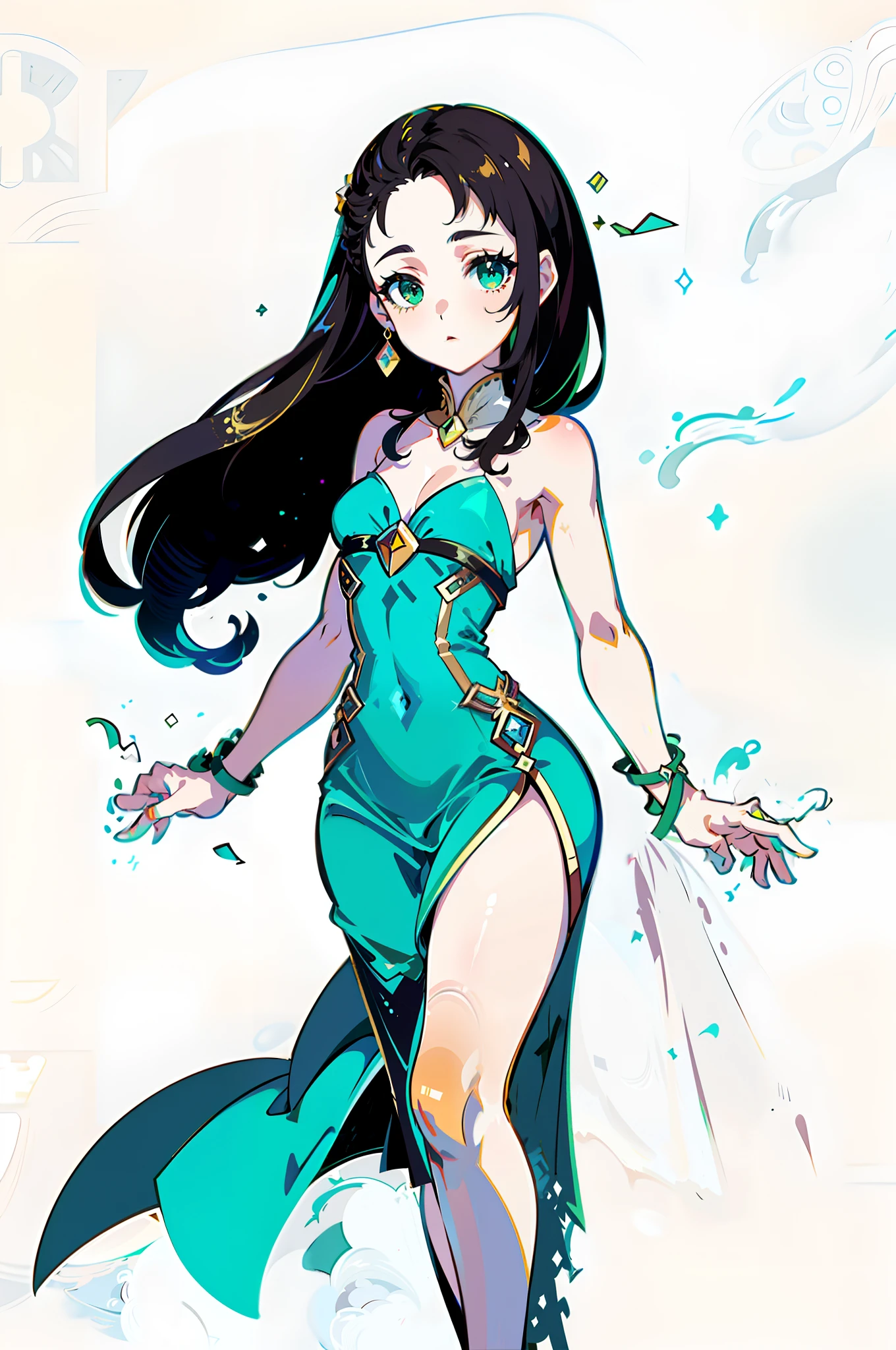 (Masterpiece, Best quality, Best quality), pix, Pixel art, One girl, full bodyesbian, brunette color hair,Green eyes,Green eyes,Forehead exposed,cabelos preto e longos,flatchest,Cocked buttocks,thick leg,Delicate slip dress,white backgrounid