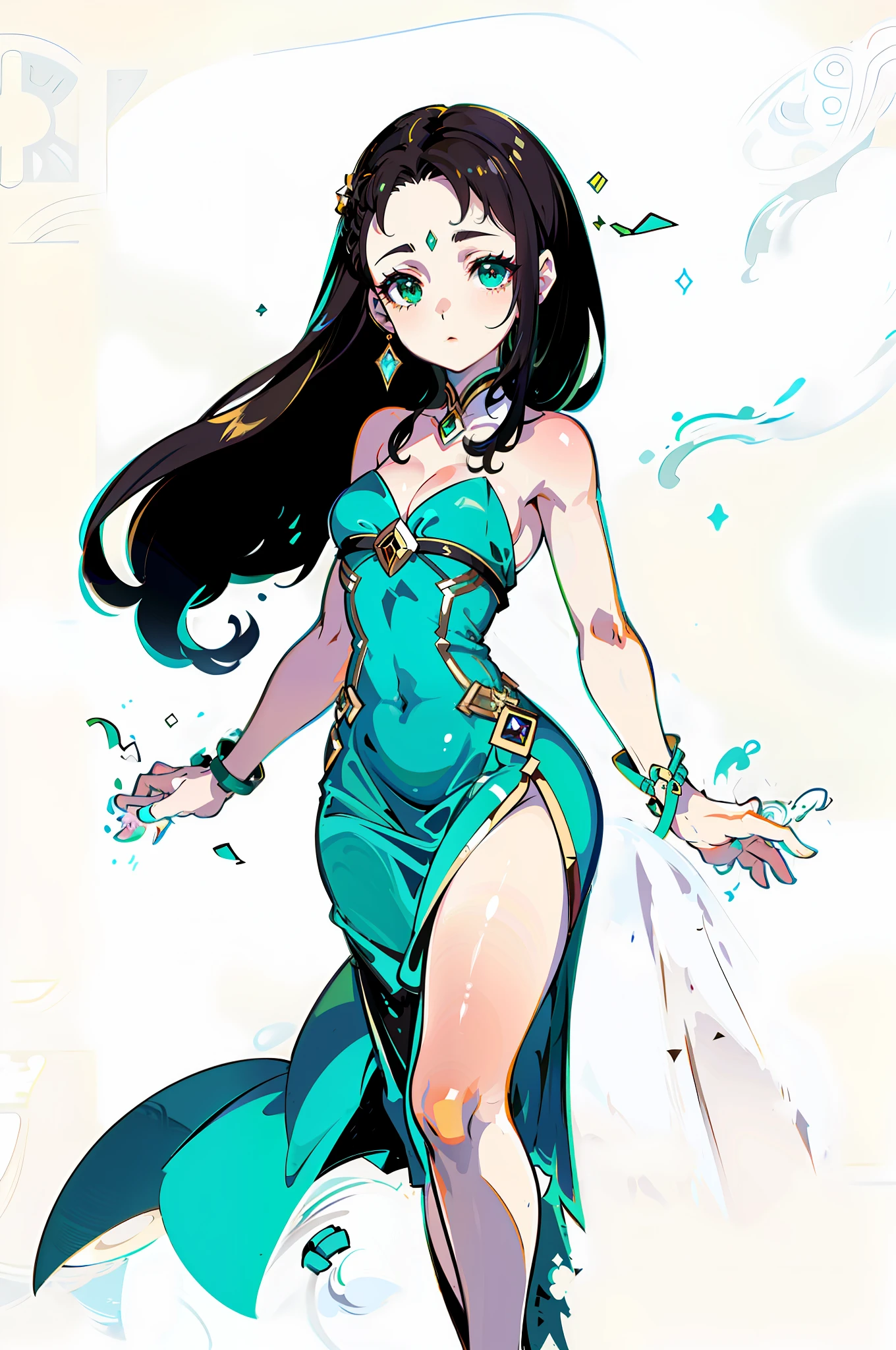 (Masterpiece, Best quality, Best quality), pix, Pixel art, One girl, full bodyesbian, brunette color hair,Green eyes,Green eyes,Forehead exposed,cabelos preto e longos,flatchest,Cocked buttocks,thick leg,Delicate slip dress,white backgrounid