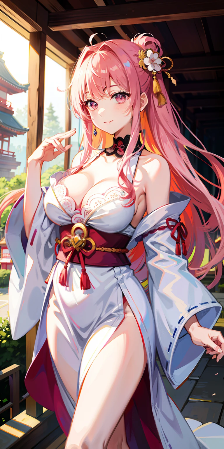 ichika nakano(One in five brides) Haruno Nakano(One in five brides) Yamahisa Nakano(One in five brides) Yotsuba Nakano(One in five brides) Kozuki Nakano(One in five brides) {Merge fusion composite}}1个Giant Breast Girl,Sideslit,Wearing an off-the-shoulder pink kimono dress,Purple pupils,Long light green hair,the wallpaper,tmasterpiece,paper lanterns,adolable,Torii gate,strong winds,The upper part of the body,Lace,Satin,((color difference)),((colorful refraction)),Slight smile, 8K high quality detailed art