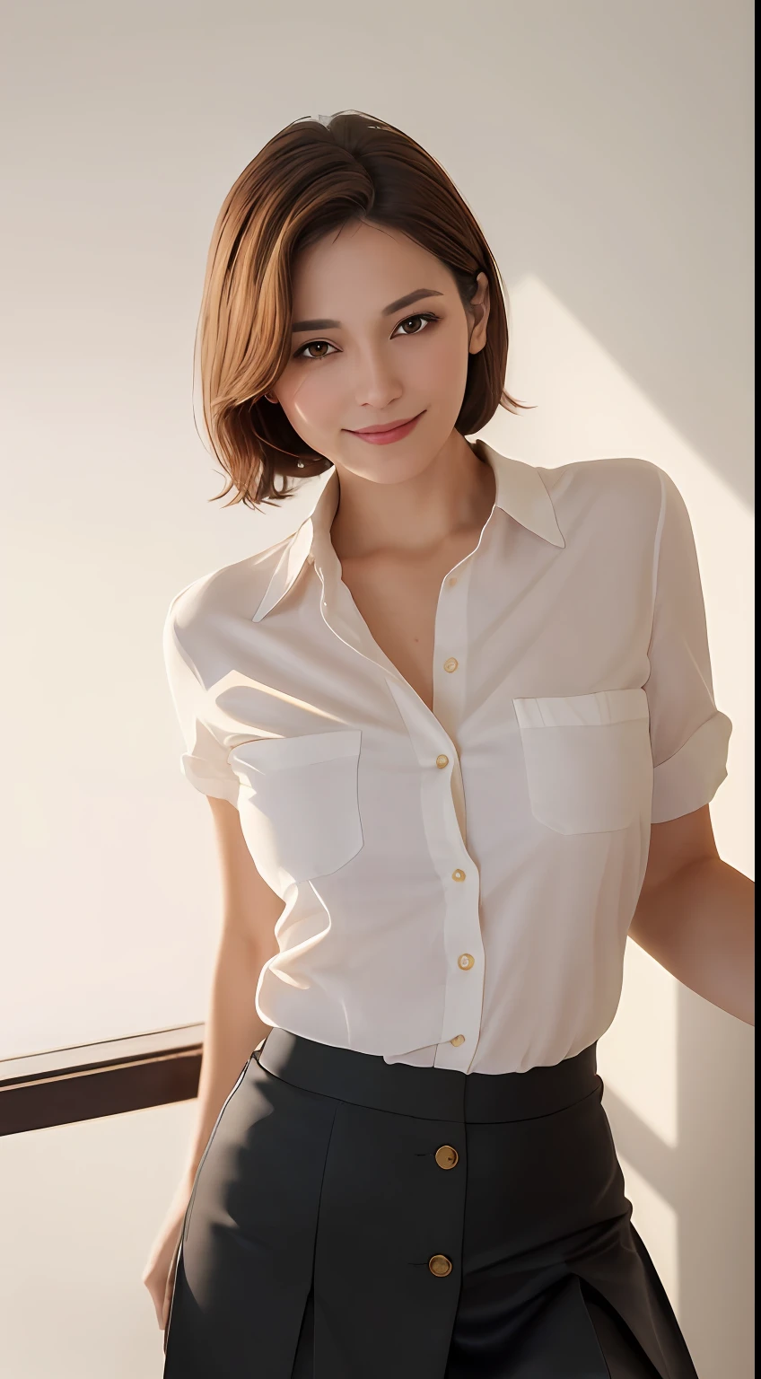 ((highest quality, 8k, table top: 1.3, RAW photo)), sharp focus: 1.2, (1 Aespa Girl :1.1), alone, (realistic, realistic: 1.37), (face focus: 1.1), cute face, highly detailed face, messy short hair, small smile, thin, (white button down shirt, skirt: 1.2), sitting office room, (show panties:1.1), from below, flowers bloom