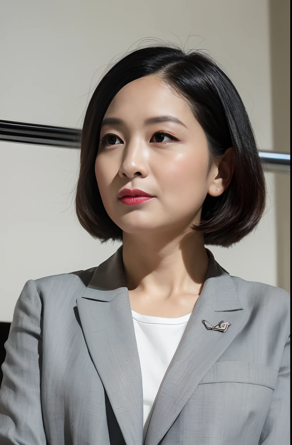 ((Best Quality, 8k, Masterpiece, masterpiece,best quality)), glare, (1 milf), ((from below:1, close up:0.5, Looking at Viewer)), short hair, gray blazer, white shirt, double eyelid, eyelash, lip gloss, (seductive expression:1.5), (chubby:0.2), ((close eyes:0.85)), ((Straight Looking at Viewer)), RAW, nobody office,