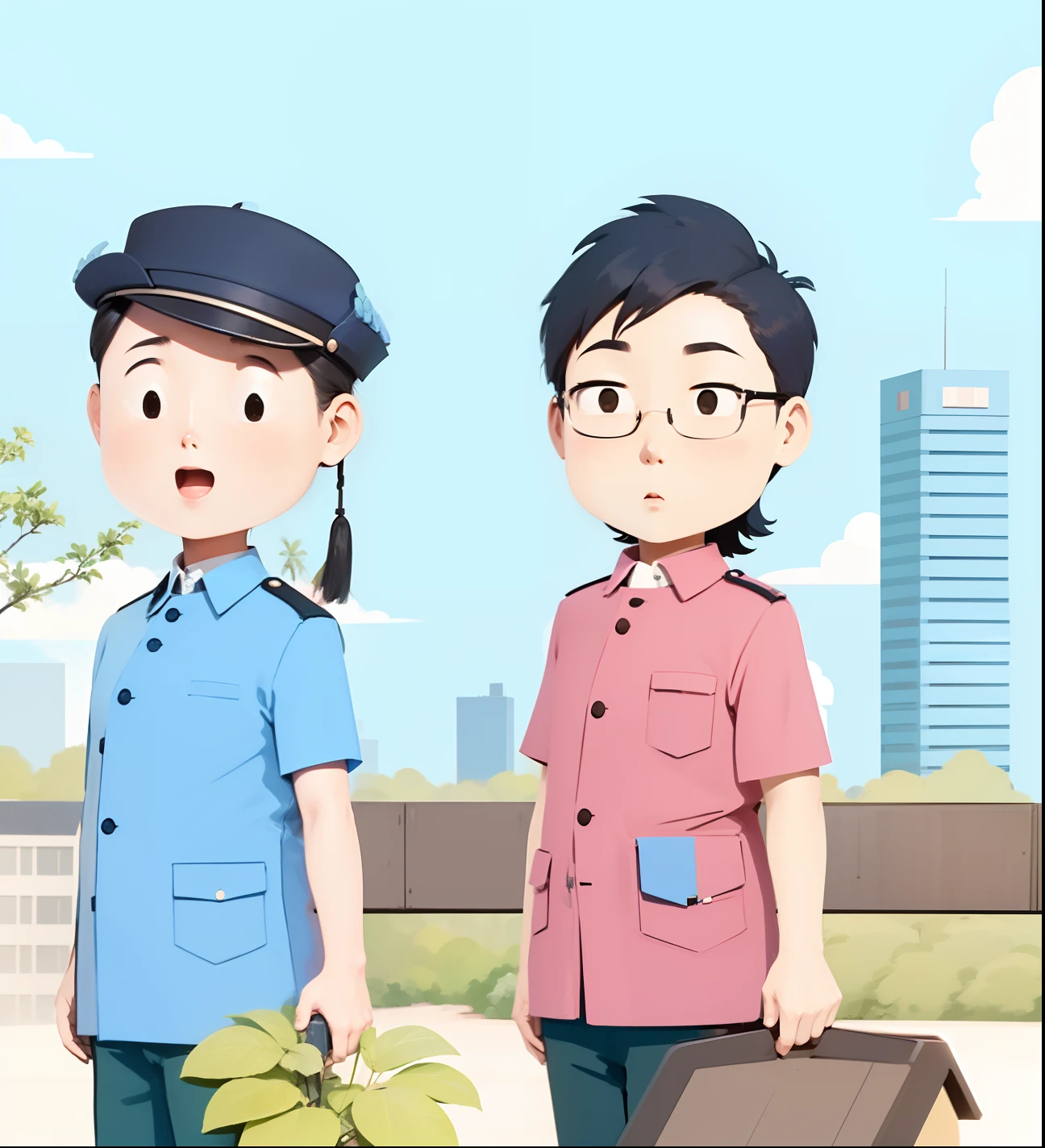 Two Bureau of Statistics investigators wearing blue vests，They stand on the rooftop，There are blue skies and white clouds in the back, and two buildings