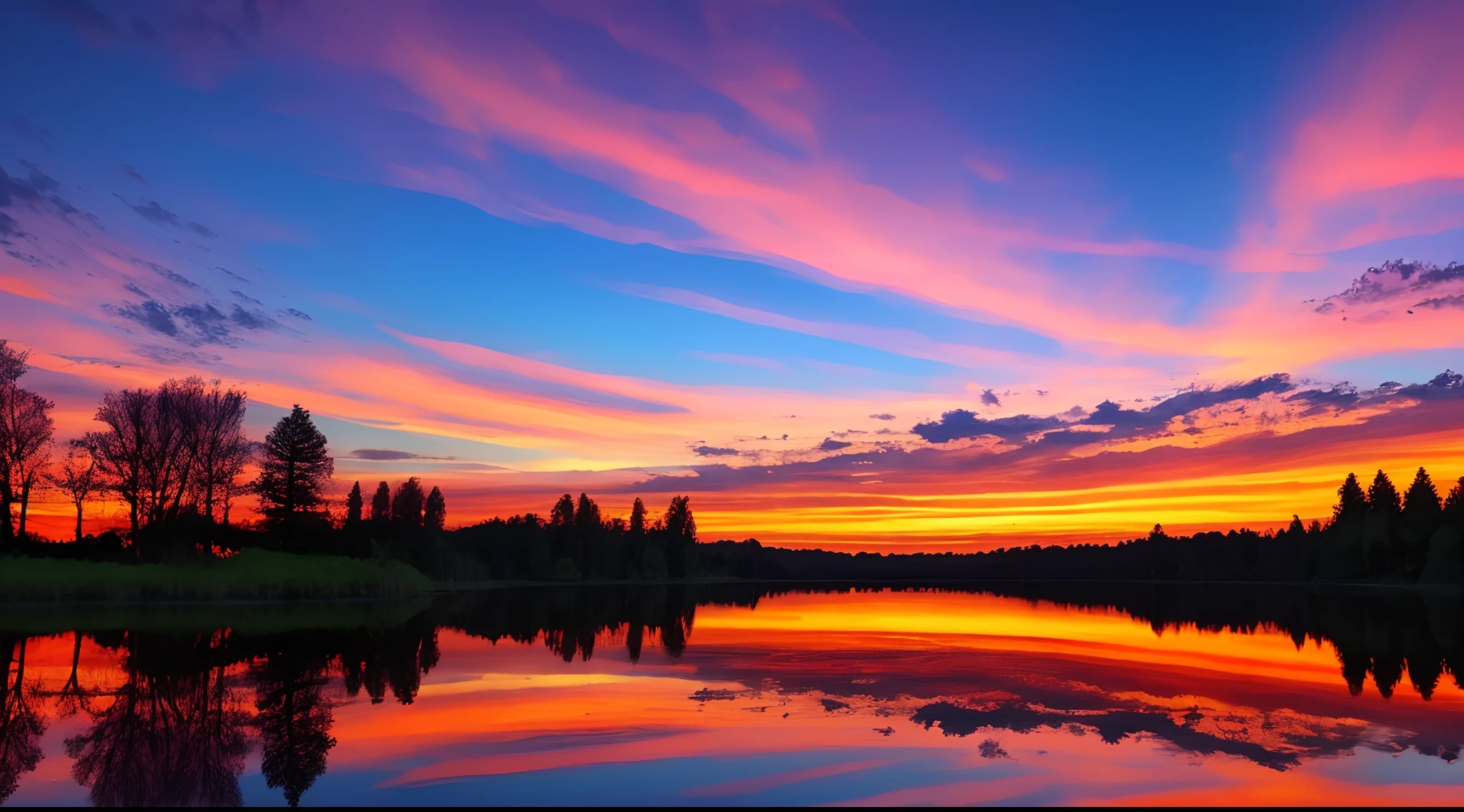there is a beautiful sunset with a lake and trees in the background, colorful skies, surreal colors, colorful sunset, colorful sky, marvellous reflection of the sky, stunning sky, dream like atmosphere 8k, colorful clouds, colors reflecting on lake, surreal sky, red and blue reflections, fire reflection, beautiful sky, beautiful and spectacular dusk, beautiful dreamy landscape, amazing sky