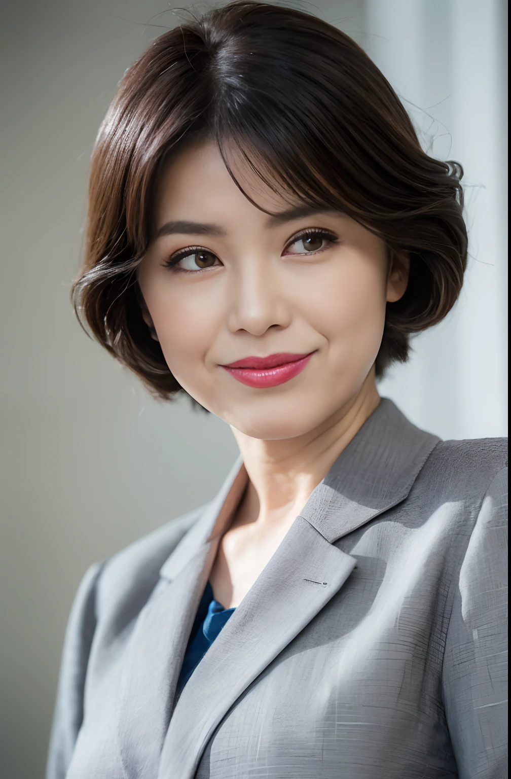 ((Best Quality, 8k, Masterpiece, masterpiece,best quality)), glare, (1 milf), ((from below:1, close up:0.5, Looking at Viewer)), ((short hair, gray blazer, white shirt, eyelash, lip gloss)), (Yawning:1), (chubby:0.2), ((close eyes:0.85)), ((Straight Looking at Viewer)), RAW, nobody office,