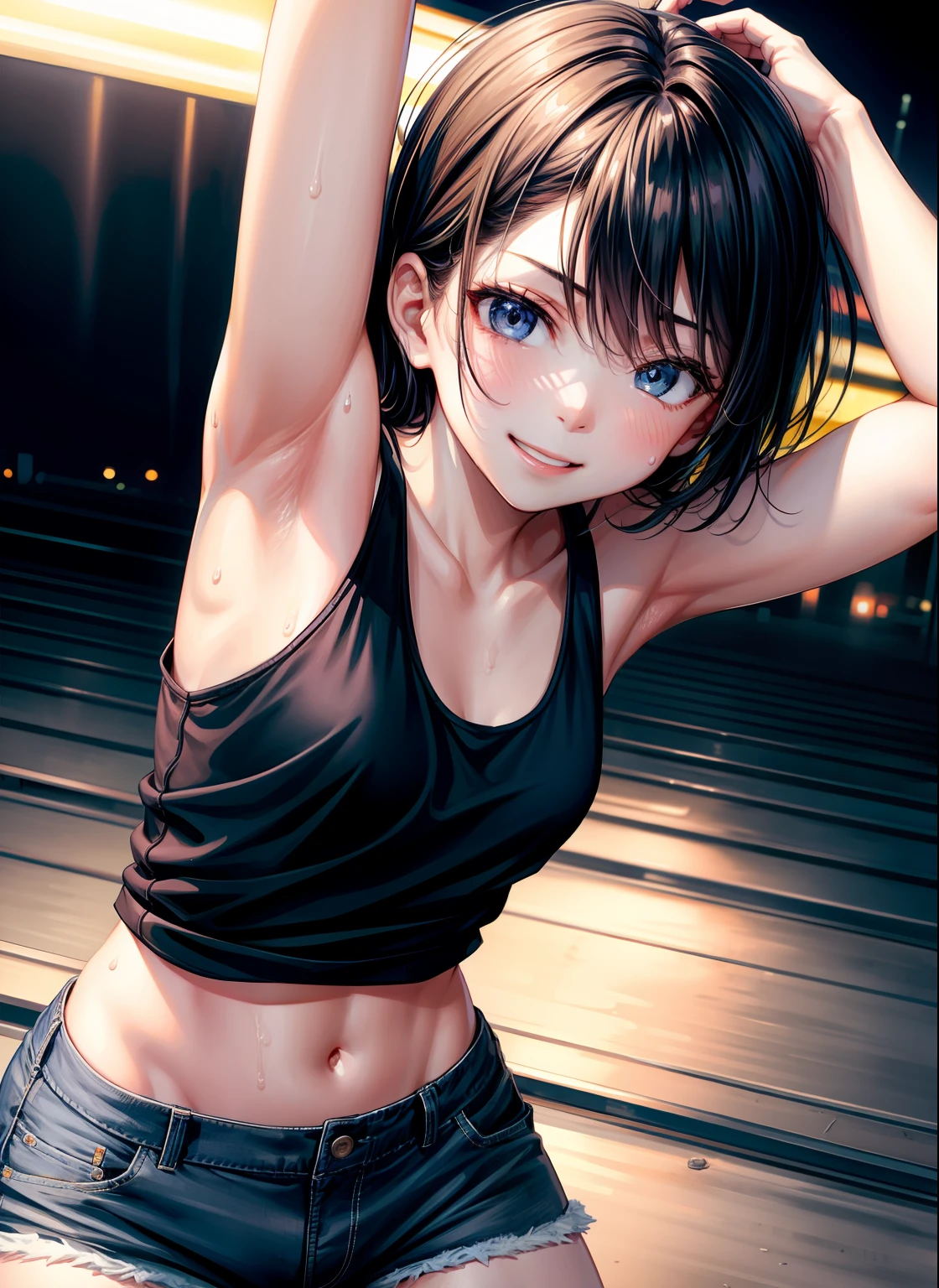 anime screencap, city, 1girl, solo, short hair, black hair, purple eyes, looking at the viewer, hair between eyes, closed mouth, smirk, top, lower chest, sleeveless, short sports shorts, female groin, bare legs, big ass, chubby legs, cum bathed, cum on hair, cum glass cum