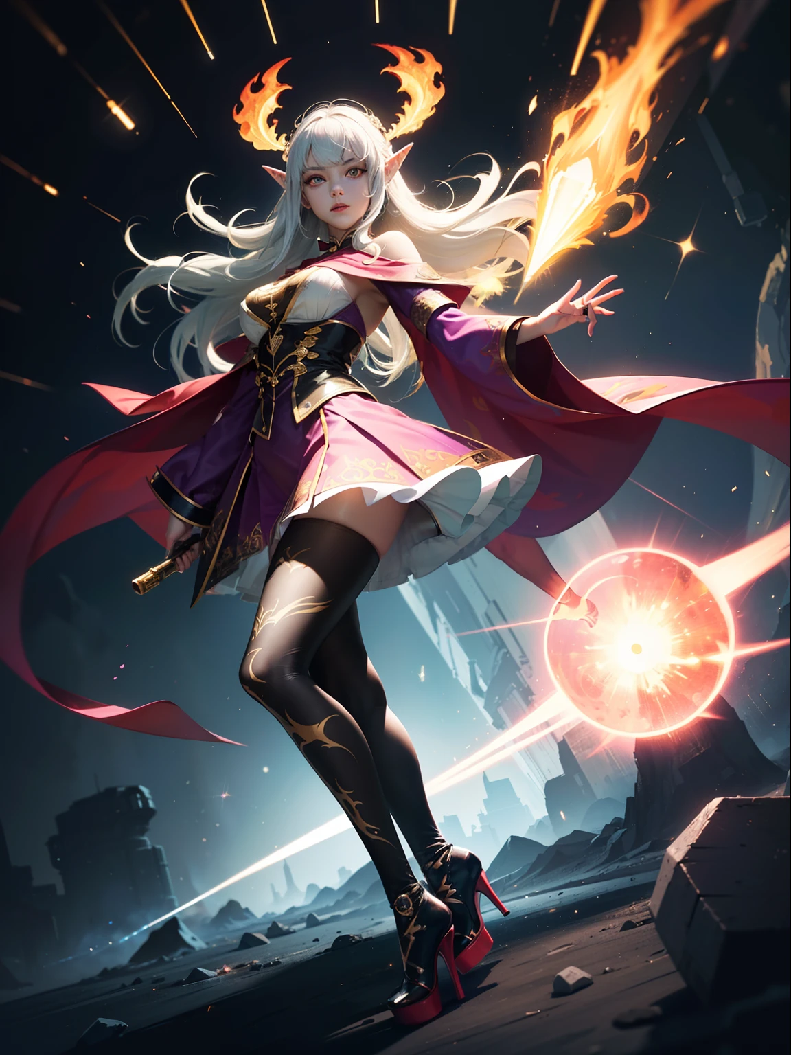 (full body:1.5),(1girl:1.3),(looking at viewer:1.4),(anatomy correct:1.3),(Wearing Printed Fantasy Elf Fire Mage suit and pointed high heels ,and Very thick Printed ta Pantyhose :1.35), (Light particle effect:1.3),(In pink | amarelo | blue colors| green color |red colors | white colors| black in color| purpleish color| greys| Beige| Flesh color 1.4),(Glowing eyes:1.3),(Large amplitude action: 1.3),(Accurate and perfect face:1.4),(Clothing Gloss:1.25),(Skin reflection:1.25),hyper HD, Ray traching, reflective light,structurally correct, Award-Awarded, high detal, lightand shade contrast, Face lighting,cinmatic lighting, tmasterpiece, super detailing, high high quality, high detal, best qualityer, 16k,high contrast,
