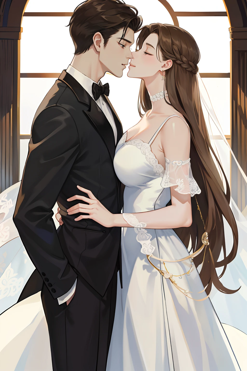 tmasterpiece,best qualtiy,realisticlying,1 adult female,1 Adult male、Beautuful Women、big breasts beautiful,Stunning、largeeyes、耳Nipple Ring,with long coiled hair,light-brown long hair,wedding gown,White skin、Delicate and detailed face、Handsome、musculous、In black suit、Kiss、A half body,eye closeds、kiss、Close your eyes and smile