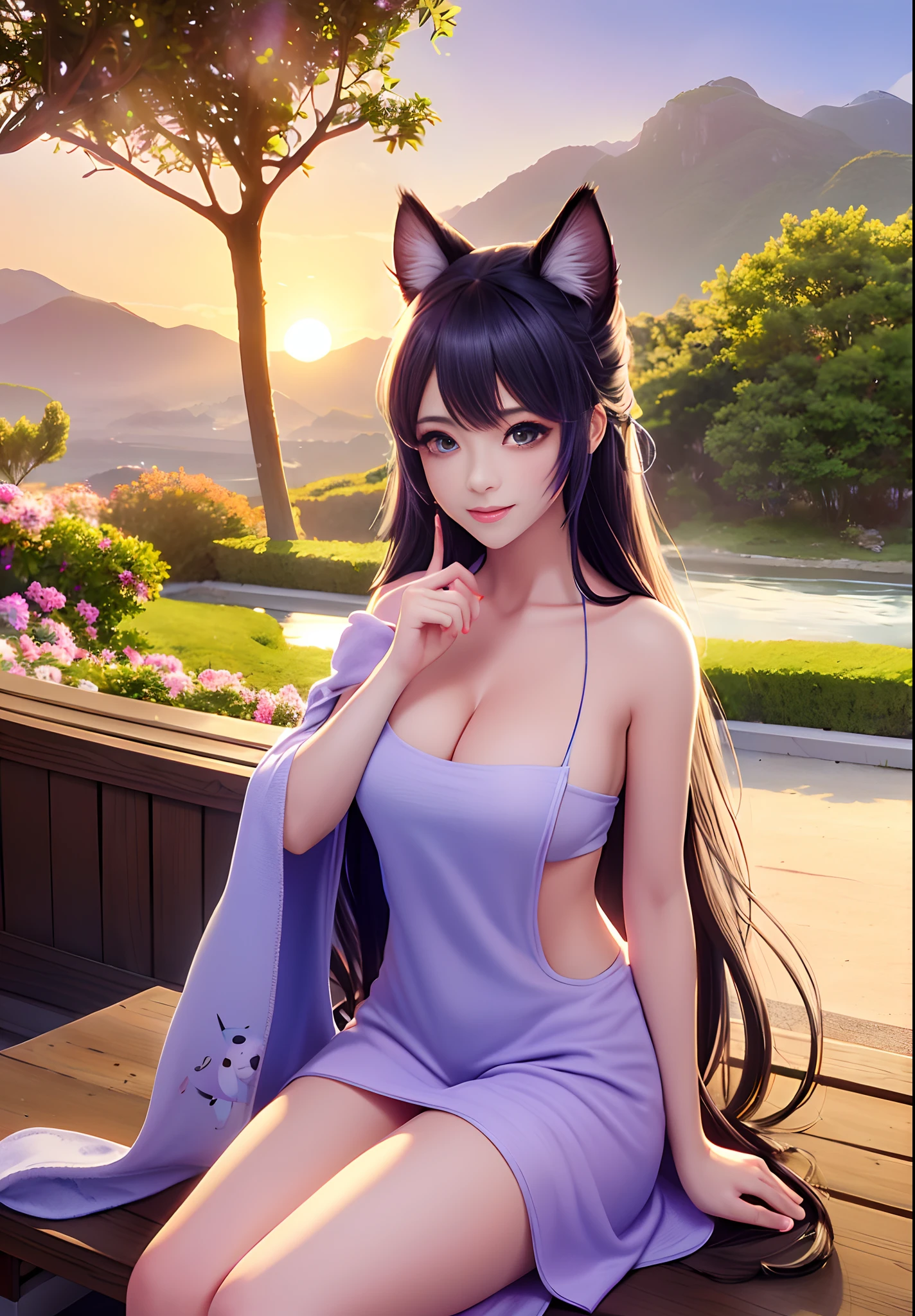 VerydetailedCG，UHD wallpaper， extremy detailed，（（（best qualtiy）））， （（ultra - detailed））， 1girll， animal_ears， black_hair， blue_eyes， nedium breasts， cat_ears，（naked_towel）， ​​clouds， cloudy_sky， eventide， natta， gradient_sky， horizon， looking_at_viewer， putting makeup on， medium_breasts， water eyes， woven， Eau， water dripping， mont， mountainous_horizon， nabel， the ocean， orange_sky， exteriors， palm_tree， purple_sky， red_sky， short_hair， Sat down， Skysky， ssmile， 独奏， suns， sunraise， the sunset， Towels， The tree， at twilight， Eau，Three-dimensional feeling