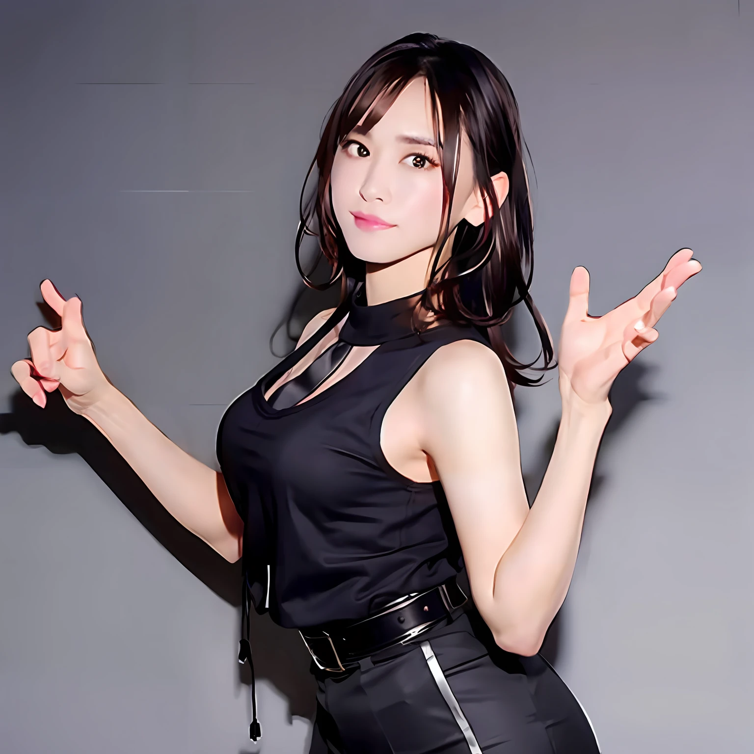 a black skirt　neck tie　Black tank top　　　　　　　Brown hair　long　Gray eyes　　holster　　Garter belt on the legs 　　　　large full breasts　　hands above your head　Colossal tits　Pichi Pichi clothes　both sides