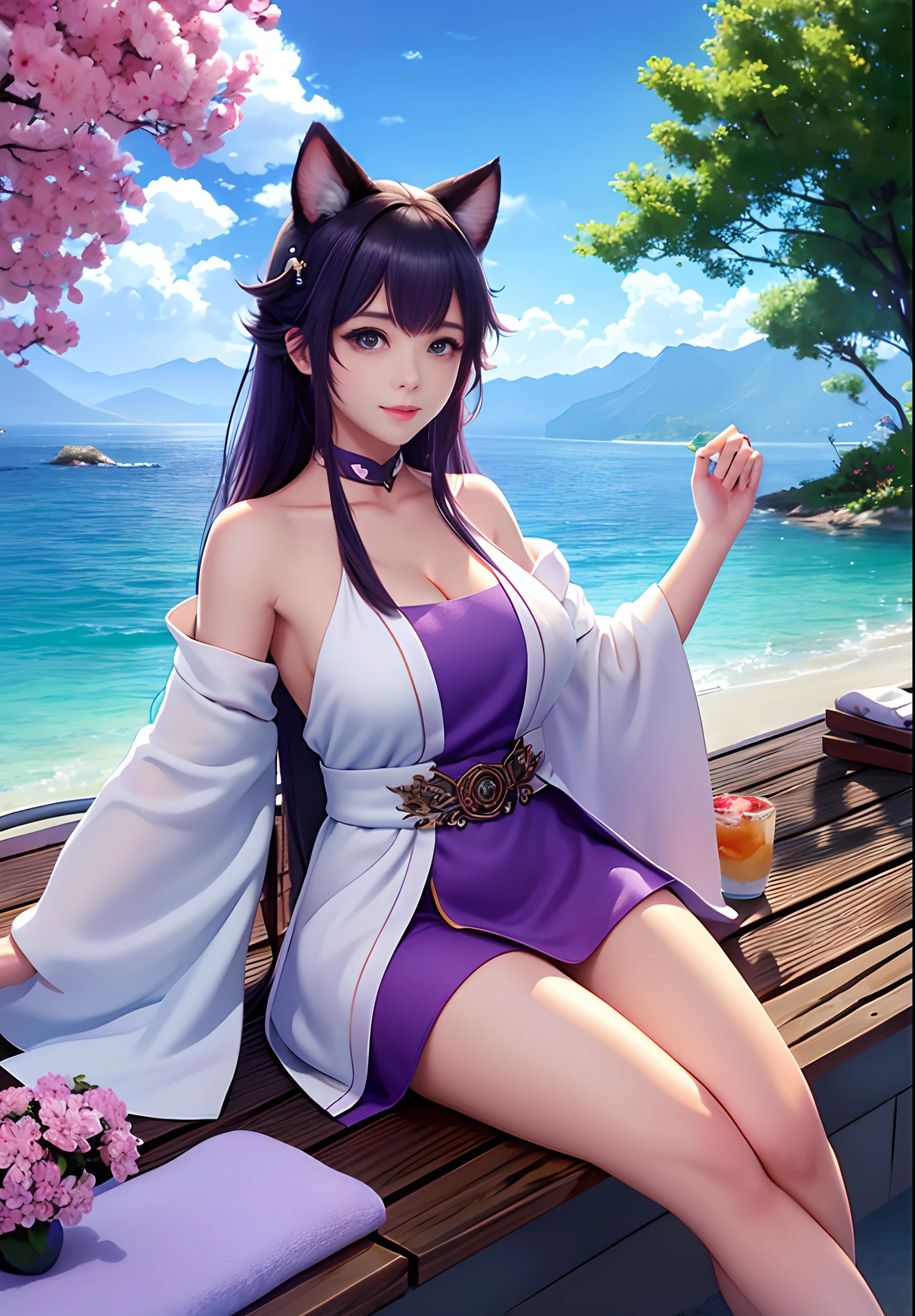 extremely detailed CG,UHD wallpaper, Extreme details,(((best quality))), ((ultra-detailed)),1girl, animal_ears, black_hair, blue_eyes, breasts, cat_ears,(naked_towel), cloud, cloudy_sky, dusk, evening, gradient_sky, horizon, looking_at_viewer, makeup, medium_breasts, watery,weat,weatdrop,mountain, mountainous_horizon, navel, ocean, orange_sky, outdoors, palm_tree, purple_sky, red_sky, short_hair, sitting, sky, smile, solo, sun, sunrise, sunset, towel, tree, twilight, water