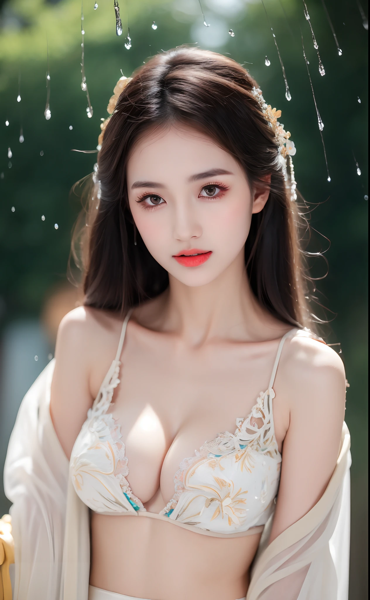 ((Best Quality, 8k, Masterpiece: 1.3)), Focus: 1.2, Perfect Body Beauty: 1.4, Buttocks: 1.2, ((Layered Haircut)), (Wet Clothes: 1.1), (Rain, Street:1.3), (Breasts: 1.2), (Hanfu: 1.2), Bare Shoulders, Bare Legs, Highly Detailed Face and Skin Texture, Fine Eyes, Double Eyelids, Whitened Skin, Long Hair, (Shut Up: 1.5), (Bokeh Background: 1.5), Big Breasts