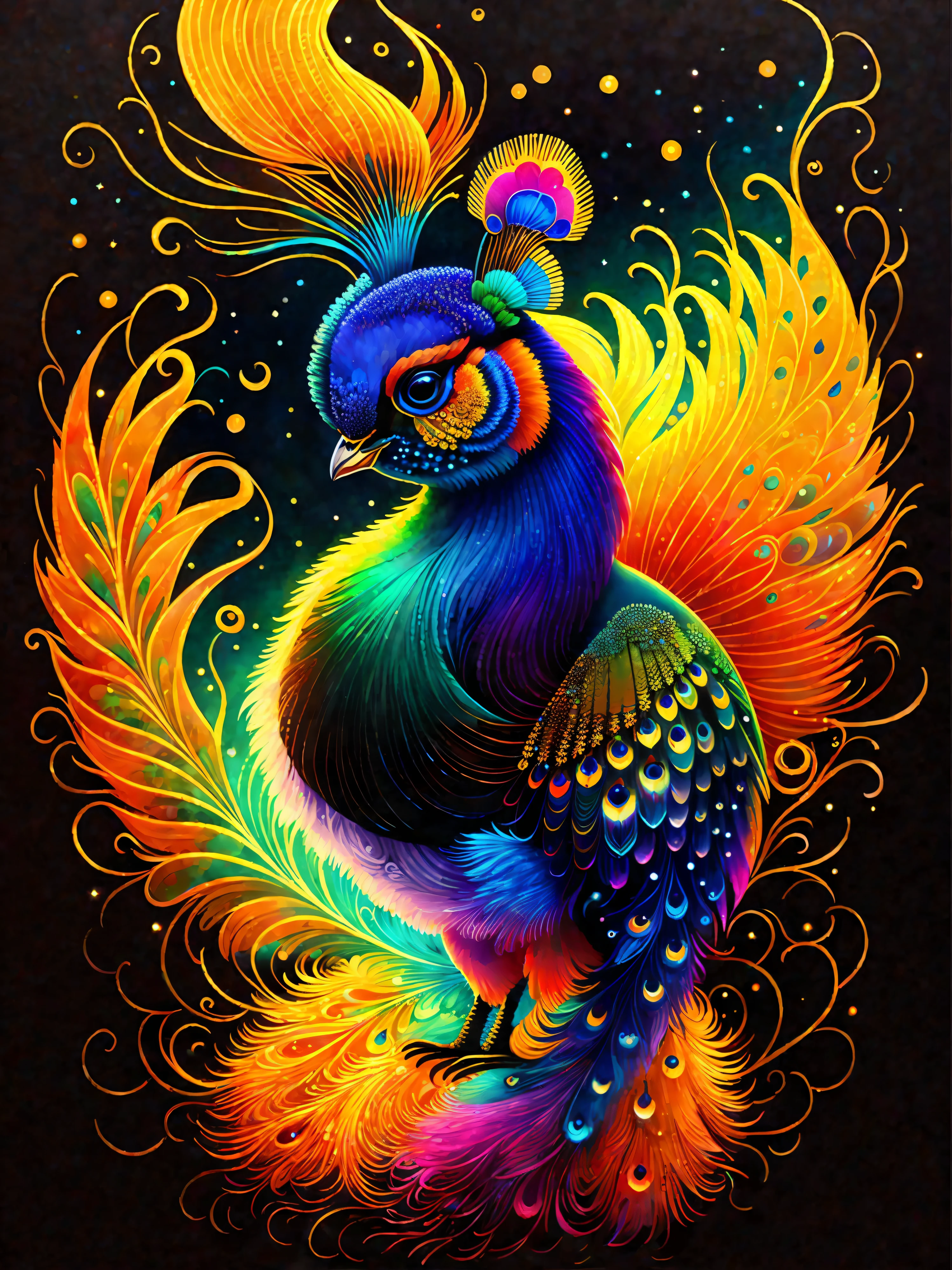 a painting of a colorful peacock on a black background,, breathtaking rendering, within a radiant connection, inspired by Kinuko Y. Craft,, magical elements, kitten icon, wow, is beautiful, casting a multi colorful spell, bright flash, flash