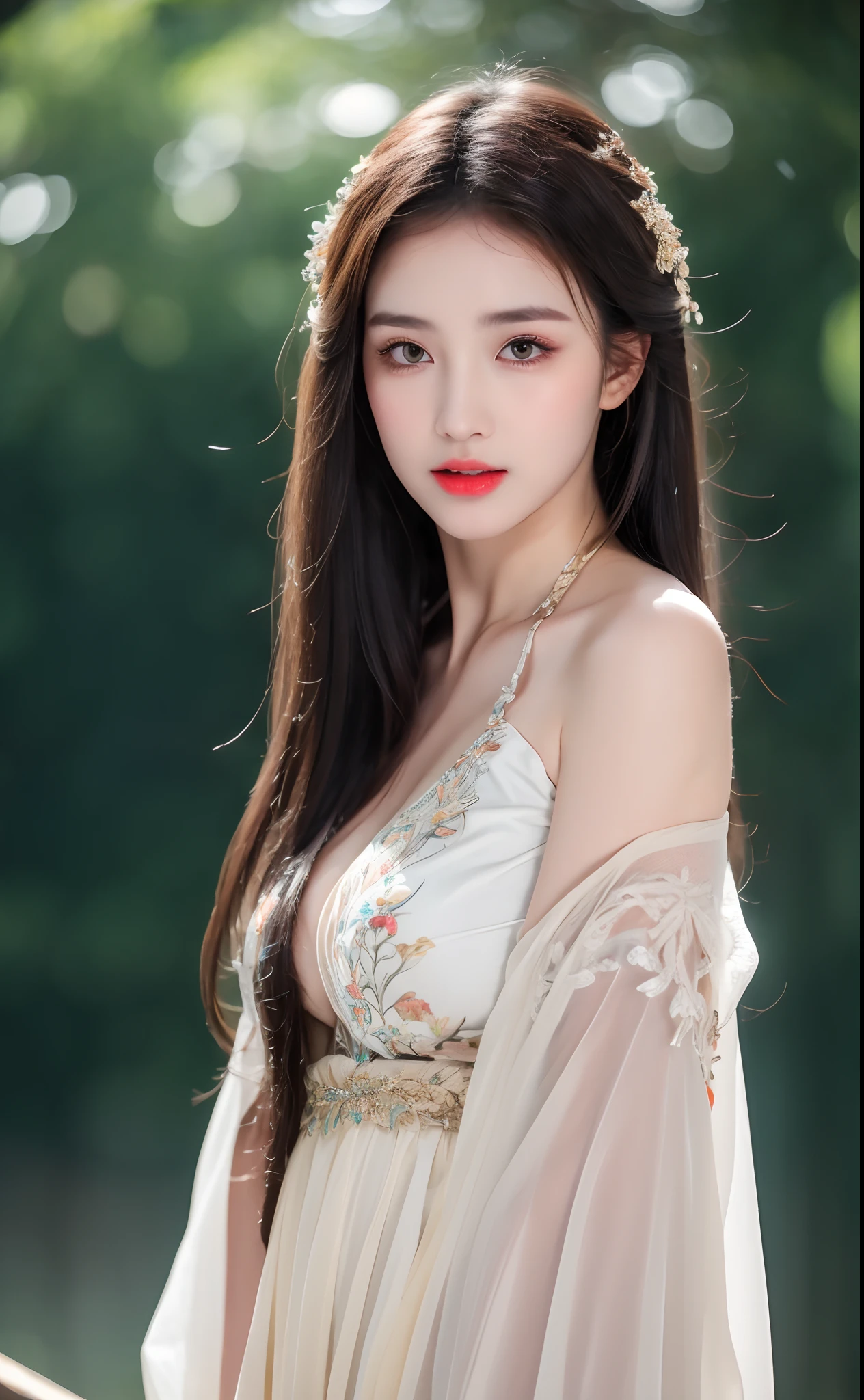((Best Quality, 8k, Masterpiece: 1.3)), Focus: 1.2, Perfect Body Beauty: 1.4, Buttocks: 1.2, ((Layered Haircut)), (Wet Clothes: 1.1), (Rain, Street:1.3), (Breasts: 1.2), (Hanfu: 1.2), Bare Shoulders, Bare Legs, Highly Detailed Face and Skin Texture, Fine Eyes, Double Eyelids, Whitened Skin, Long Hair, (Shut Up: 1.5), (Bokeh Background: 1.5), Big Breasts