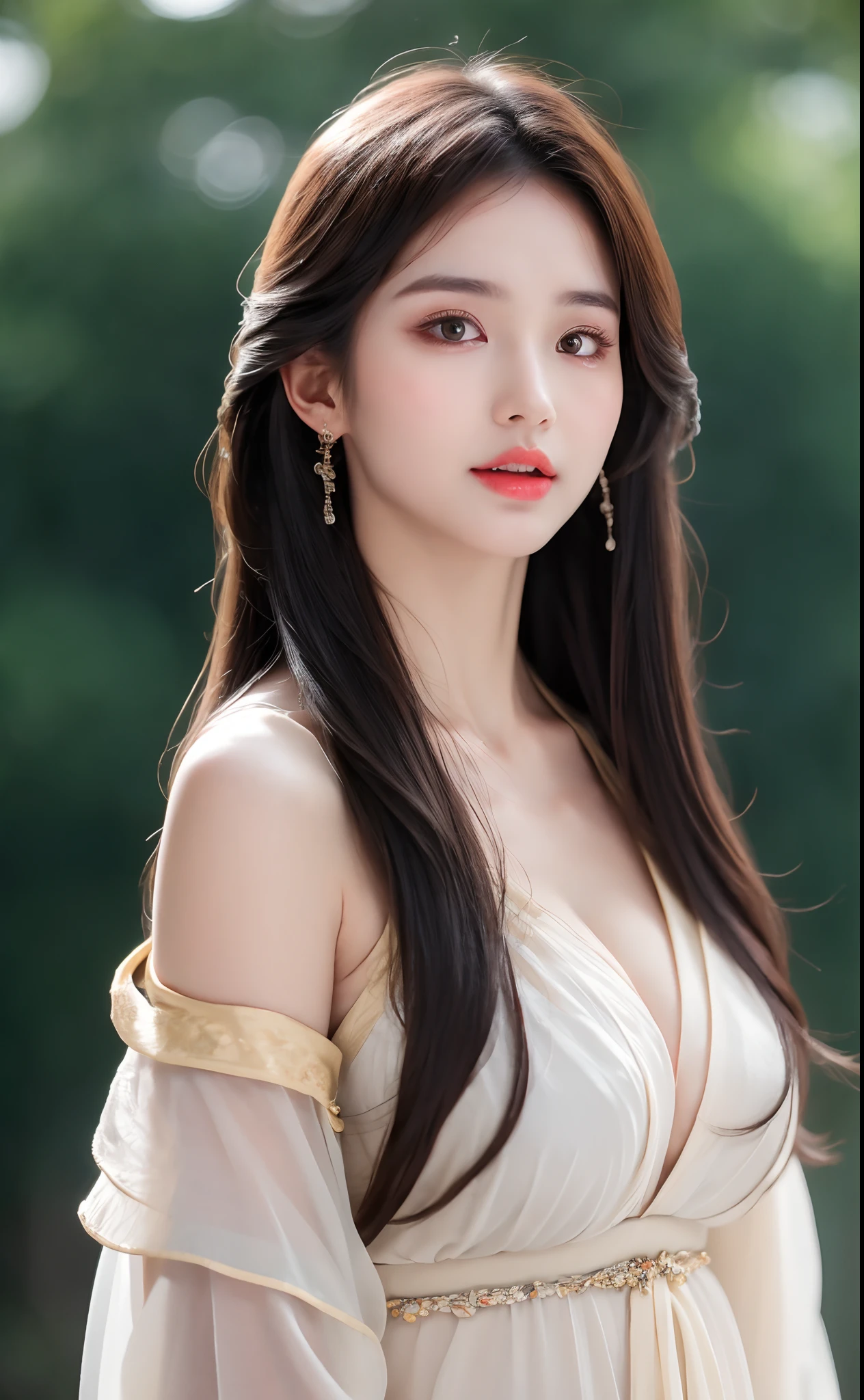 ((Best Quality, 8k, Masterpiece: 1.3)), Focus: 1.2, Perfect Body Beauty: 1.4, Buttocks: 1.2, ((Layered Haircut)), (Wet Clothes: 1.1), (Rain, Street:1.3), (Breasts: 1.2), (Hanfu: 1.2), Bare Shoulders, Bare Legs, Highly Detailed Face and Skin Texture, Fine Eyes, Double Eyelids, Whitened Skin, Long Hair, (Shut Up: 1.5), (Bokeh Background: 1.5), Big Breasts