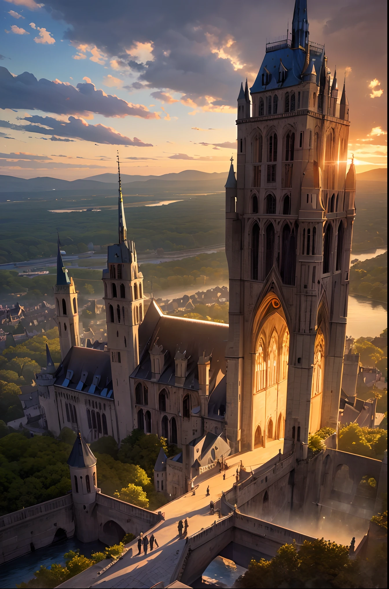 Monasteries like Mont Saint-Michel floating in the air. The monastery rises into the sky from the lake, And trees々or soil falls from the sky into the lake. The monastery is illuminated by a beautiful sunset, Create fantastic scenes.(Because it is very realistic、Viewers mistake it for a photo with a very detailed description),(Situations that cannot happen in real life)、ultra-detailliert、Aesthetic、masterpiece、top-quality、Photorealsitic、Looks great、Dramatic shadows、A landscape where evidence floats dimly