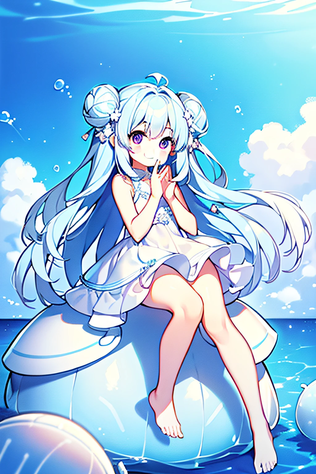 masterpiece, best quality, 1girl, solo, long hair, looking at viewer, sky blue hair, curly hair, double bun hair, (purple eyes), smile, laughing, dress, sitting on the rock, (((White dress))), (((no transparent dress))), bare foot, in the sea, in the water, under the sea, underwater, blue and white, bubbles, ((jellyfishes)), with one's hands together, bright, clear, elementary school student, 8k, super detail, masterpiece, high quality, high resolution, high detail, high face detail, HD quality, (((detail face))), close up