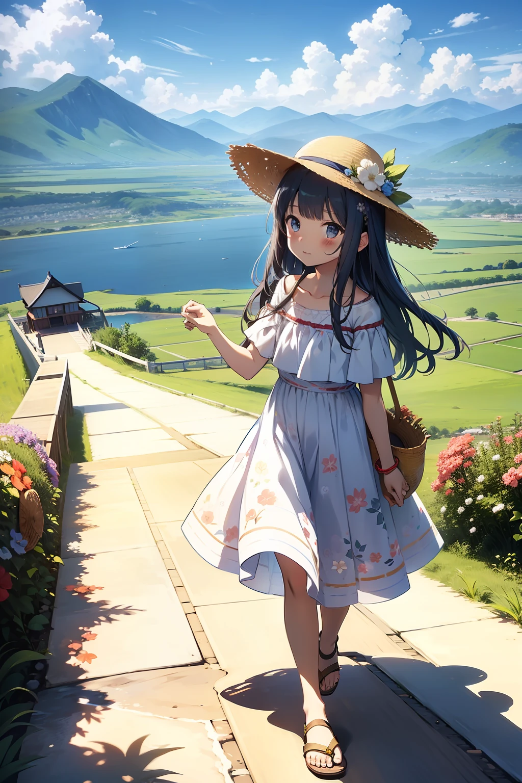 shot from behind, One girl, Black Hair, Straw hat,White dress、White Sandals