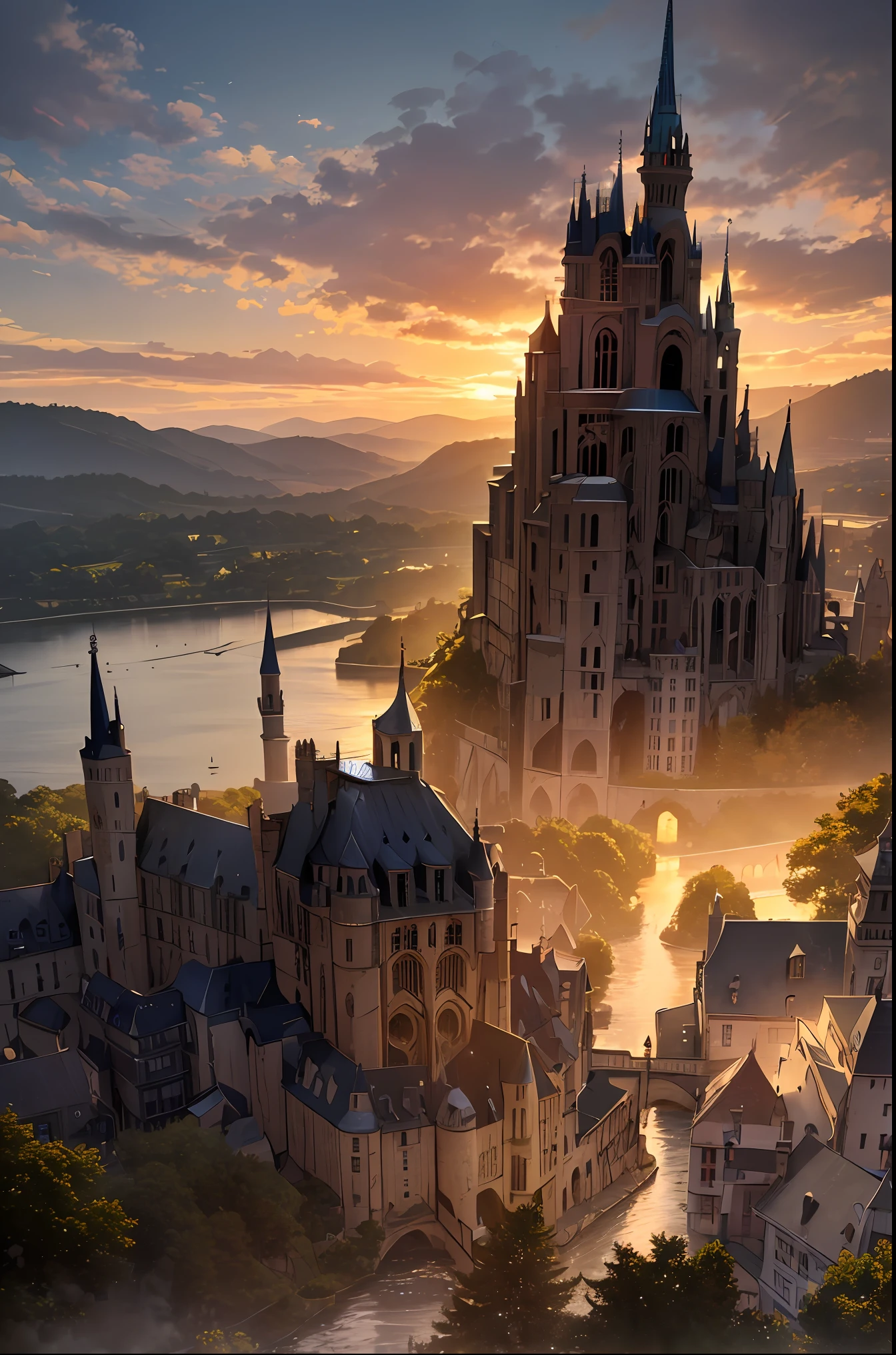 Monasteries like Mont Saint-Michel floating in the air. The monastery rises into the sky from the lake, And trees々or soil falls from the sky into the lake. The monastery is illuminated by a beautiful sunset, Create fantastic scenes.(Because it is very realistic、Viewers mistake it for a photo with a very detailed description),(Situations that cannot happen in real life)、ultra-detailliert、Aesthetic、masterpiece、top-quality、Photorealsitic、Looks great、Dramatic shadows、A landscape where evidence floats dimly
