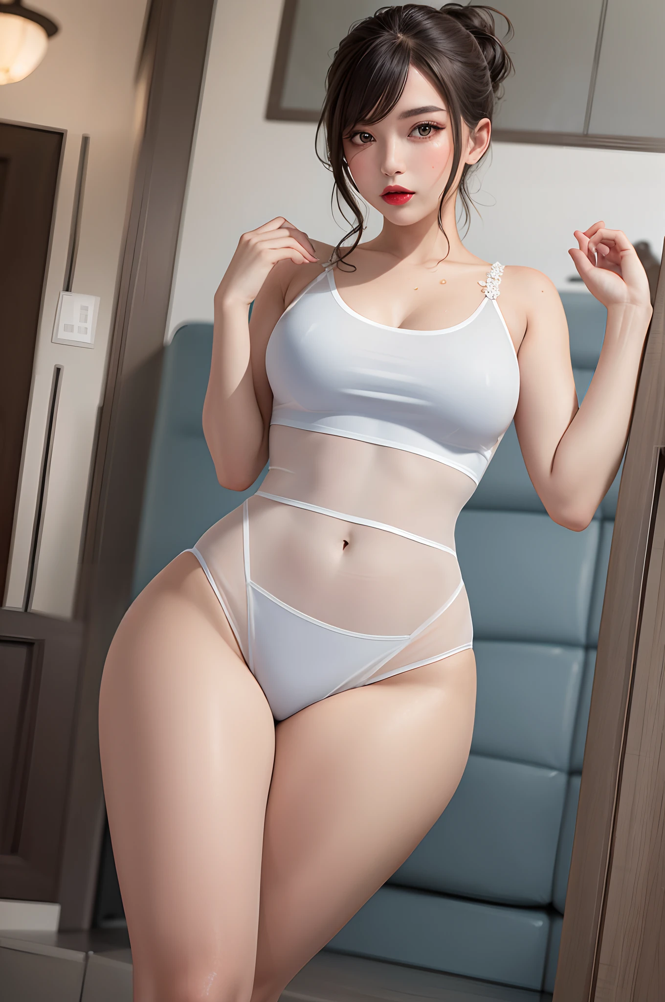 Masterpieces: 1 girl.2 girls, best quality), realism, (real pictures, rich detail details, depth of field), (1 girl called girl, solo), makeup, high detail, perfect face shape, (: 1 girl.4 pcs.), (skin dents), thick thighs, wide hips, thin waist, high, coral, red lips, red eyes, ponytail (girls, shallow tulle, tulle transparent), (sweat: 1 girl.2 girls), (wet), sexy, blush, (shy expression), yellow petal clothes, shirt, stockings,
