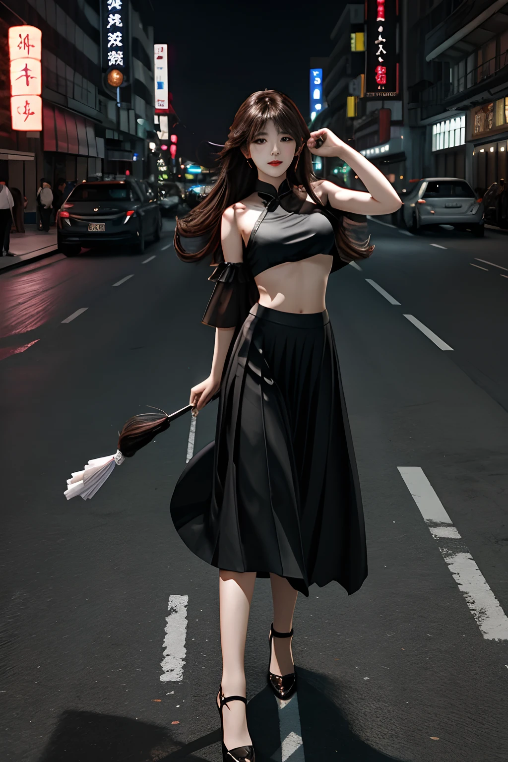 tmasterpiece, Best quality at best, the lora, from below, underboobs, mediuml breasts, long skirt, Crop tops, brunette color hair, 黑The eye,Chinese woman,Bottom-up perspective,city night,dual horsetail