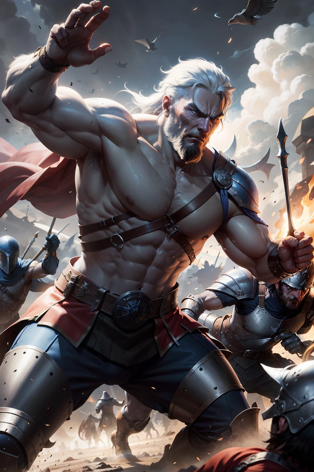 ART superior FULL HD 16K,melhor qualidade ART digital ART station,1 Man Warriors muscle male countenance fierce mouth clenched silver hair large, face perfct eye perfect musculo facial, legs muscles, armadura pesada de placas dourada, muito detalhada desing superior,intrincada ,Celestial Sickle Sharp Jewelry ,colar coleira,adornos, ART supreme kinematics,ART consagrada Premium,ArtStation ,Deviantart,Fanart ,Full HD 16K, Canon 105mm. Studio tones and lighting, Renderização digital 3Dmm.