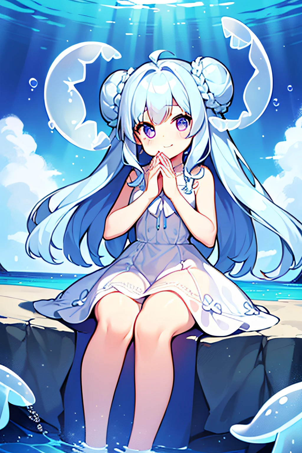 masterpiece, best quality, 1girl, solo, long hair, looking at viewer, sky blue hair, curly hair, double bun hair, (purple eyes), smile, laughing, dress, sitting on the rock, (((White dress))), (((no transparent dress))), bare foot, in the sea, in the water, under the sea, underwater, blue and white, bubbles, ((jellyfishes)), with one's hands together, bright, clear, elementary school student, 8k, super detail, masterpiece, high quality, high resolution, high detail, high face detail, HD quality, (((detail face))), close up