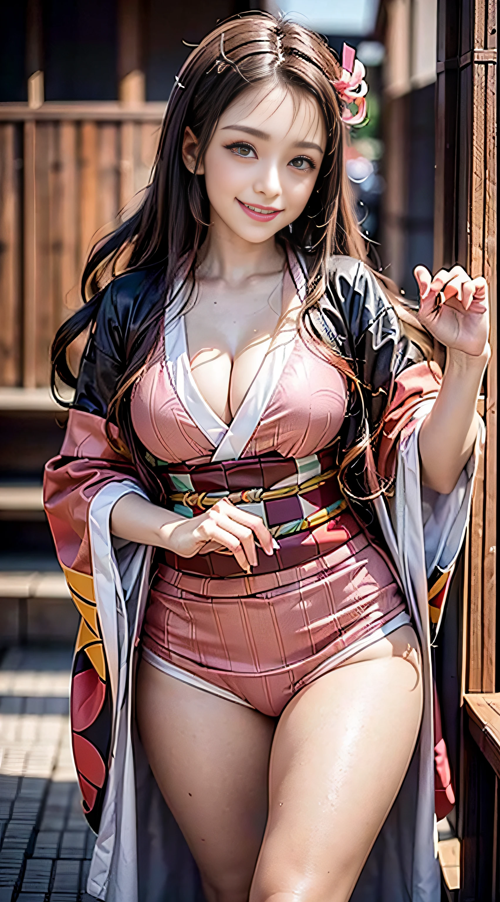 wearing kimonos、(masutepiece: 1.2), Best Quality, masutepiece, High resolution, Original, Highly detailed wallpapers, (super detailing), (Best Illustration), (better shadows), (Nezuko), perky breast, Smile, blusher, side breasts, Camel toe, extreamly detailed crotch, (perspiring), Under the breasts,