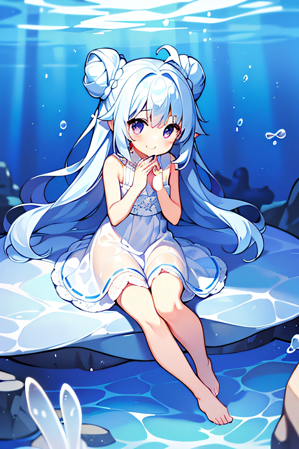 masterpiece, best quality, 1girl, solo, long hair, looking at viewer, sky blue hair, (curly hair), double bun hair, (purple eyes), smile, laughing, dress, sitting on the rock, (((White dress))), (((no transparent dress))), bare foot, in the sea, in the water, under the sea, underwater, blue and white, bubbles, ((jellyfishes)), with one's hands together, bright, clear, elementary school student, 8k, super detail, masterpiece, high quality, high resolution, high detail, high face detail, HD quality, (((detail face)))