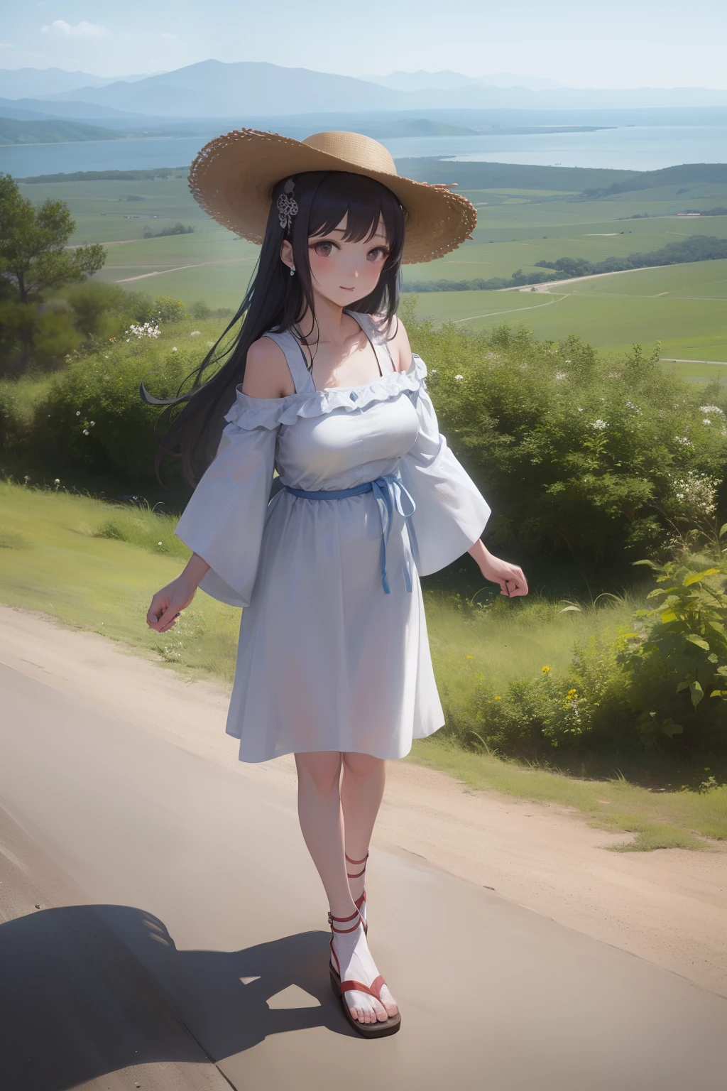 top-quality、masutepiece、Steppe with mountains and sea in the distance、Wearing a straw hat1People Girls、Looking Up、Hold your hand over it、White floral dress、sandal、Clear face